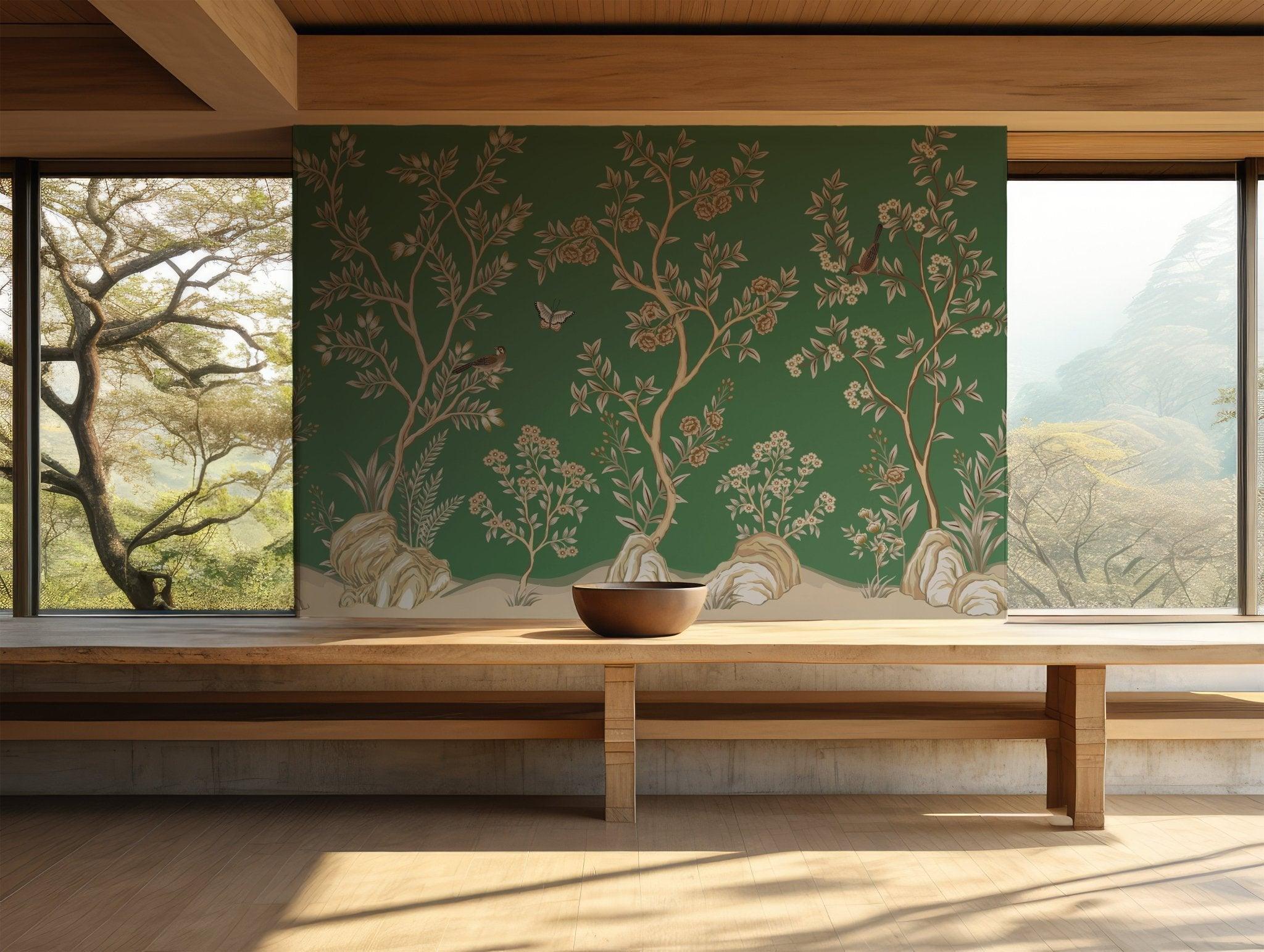 Peel and Stick Wall Mural - Wallpaper Featuring Green Yellow Birds and Butterflies in Forest BV197