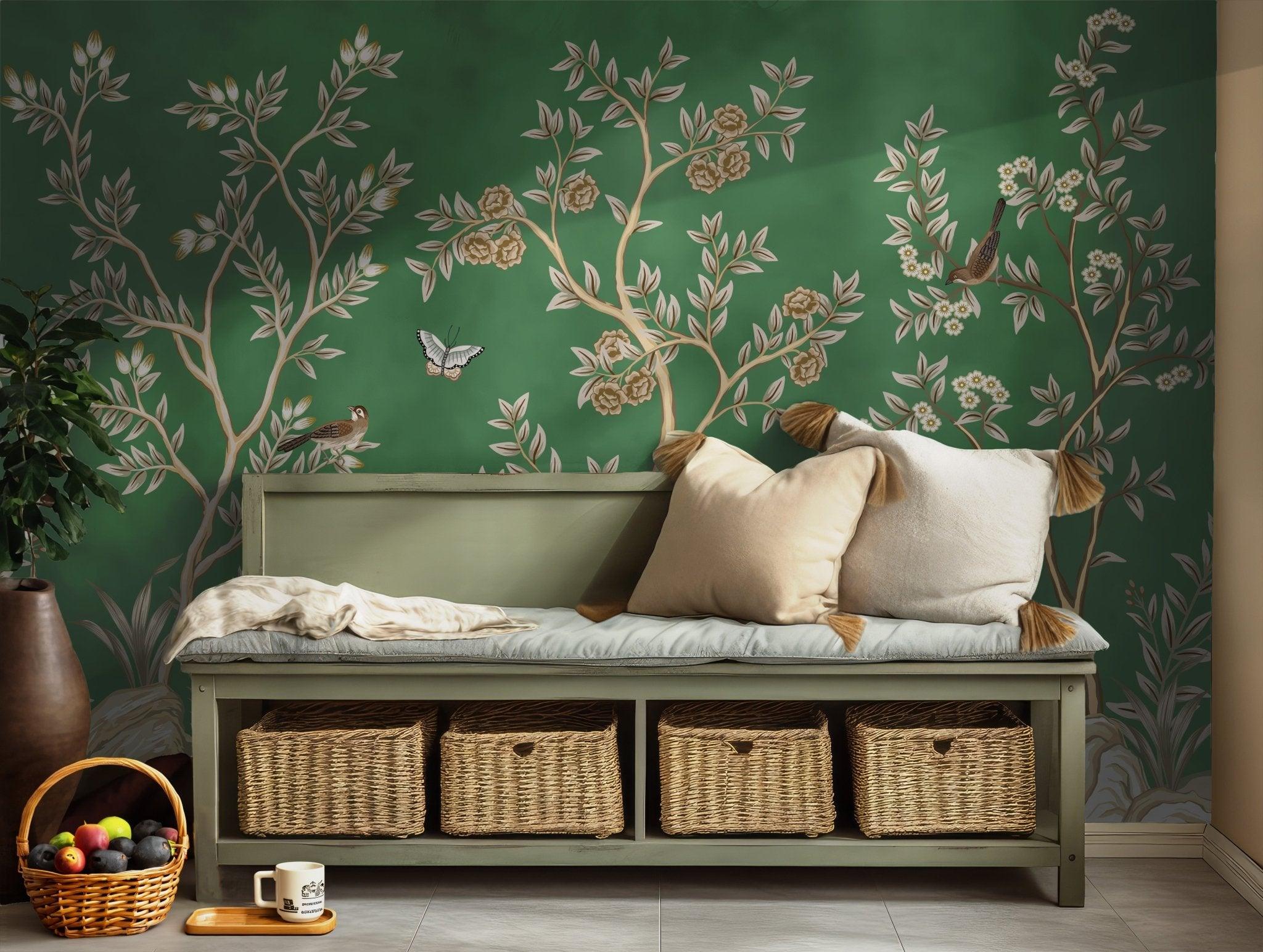 Peel and Stick Wall Mural - Wallpaper Featuring Green Yellow Birds and Butterflies in Forest BV197