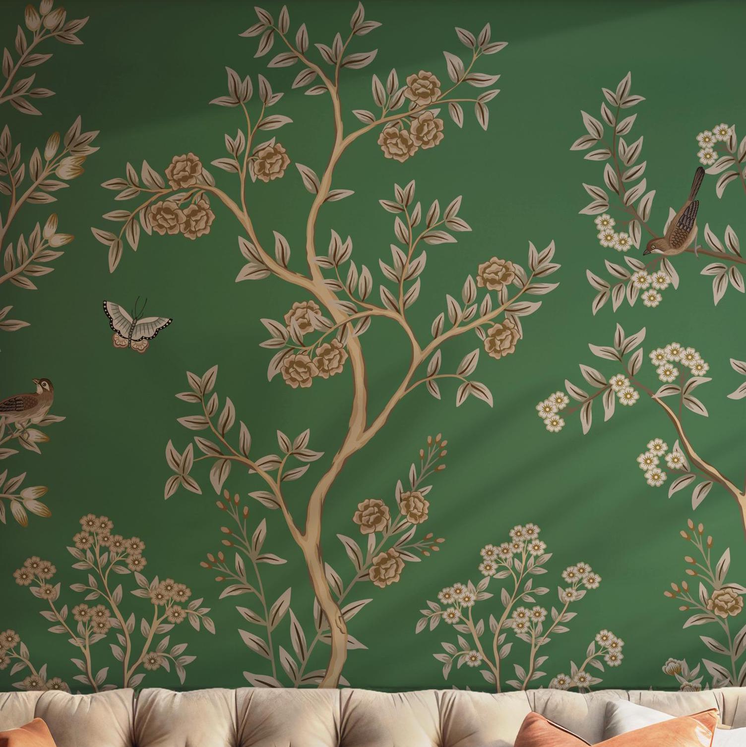Peel and Stick Wall Mural - Wallpaper Featuring Green Yellow Birds and Butterflies in Forest BV197