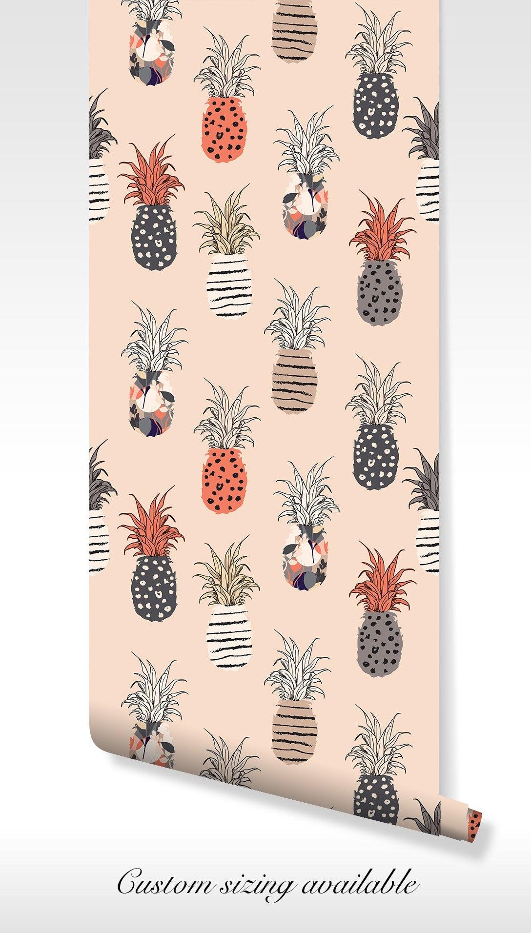 Pineapple Boho Wallpaper - Self Adhesive Peel and Stick - Fruit Playful Summer Abstract Pattern BV282