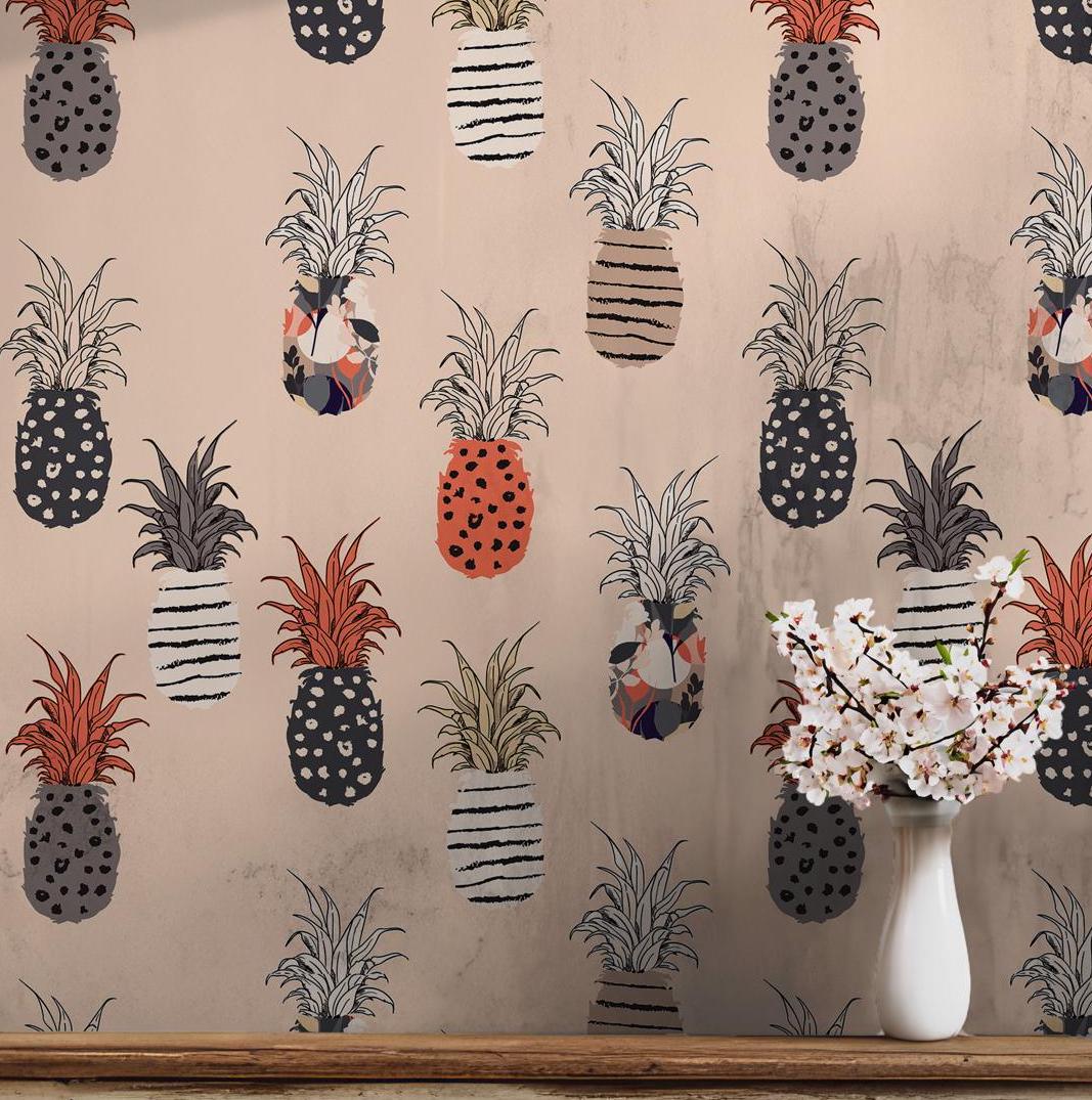 Pineapple Boho Wallpaper - Self Adhesive Peel and Stick - Fruit Playful Summer Abstract Pattern BV282