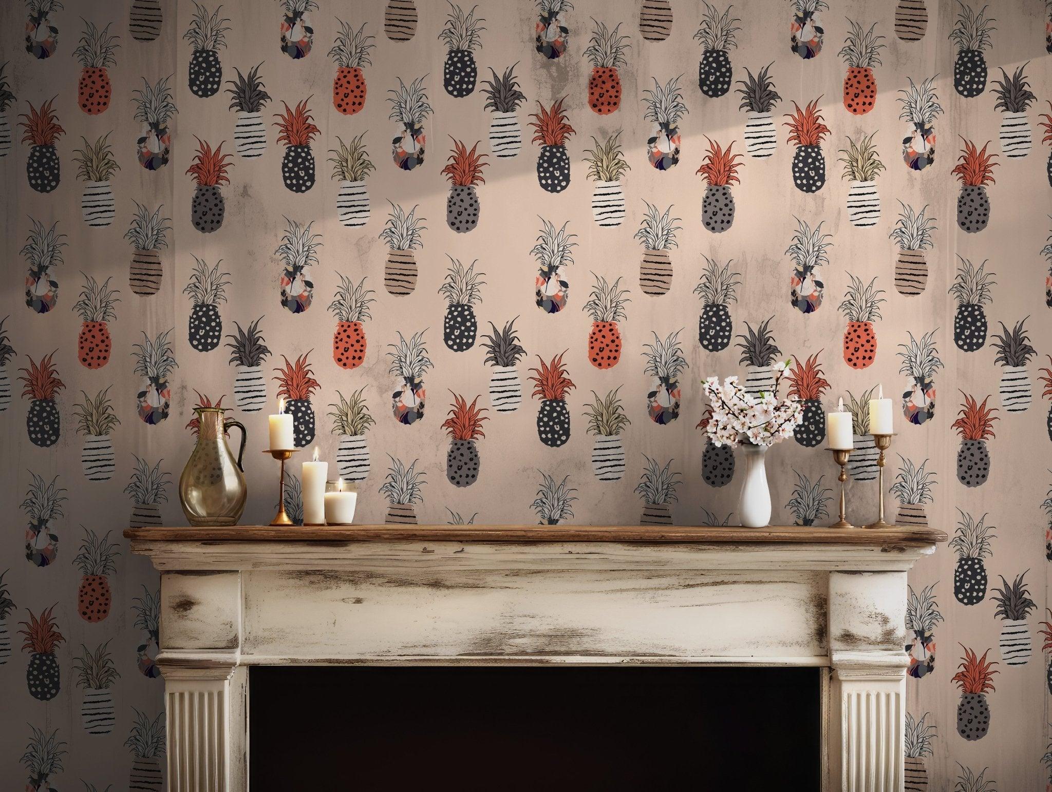 Pineapple Boho Wallpaper - Self Adhesive Peel and Stick - Fruit Playful Summer Abstract Pattern BV282