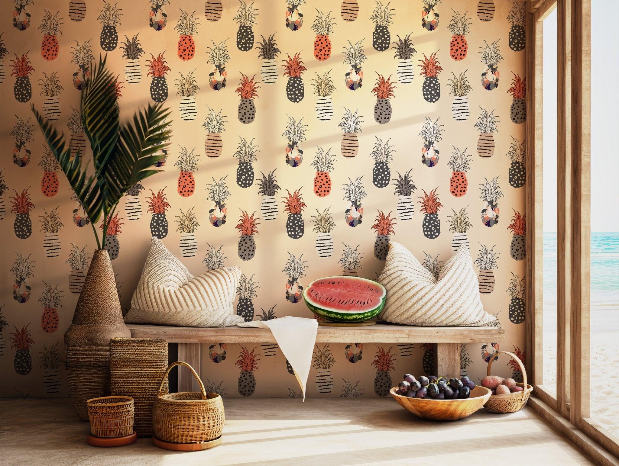 Pineapple Boho Wallpaper - Self Adhesive Peel and Stick - Fruit Playful Summer Abstract Pattern BV282