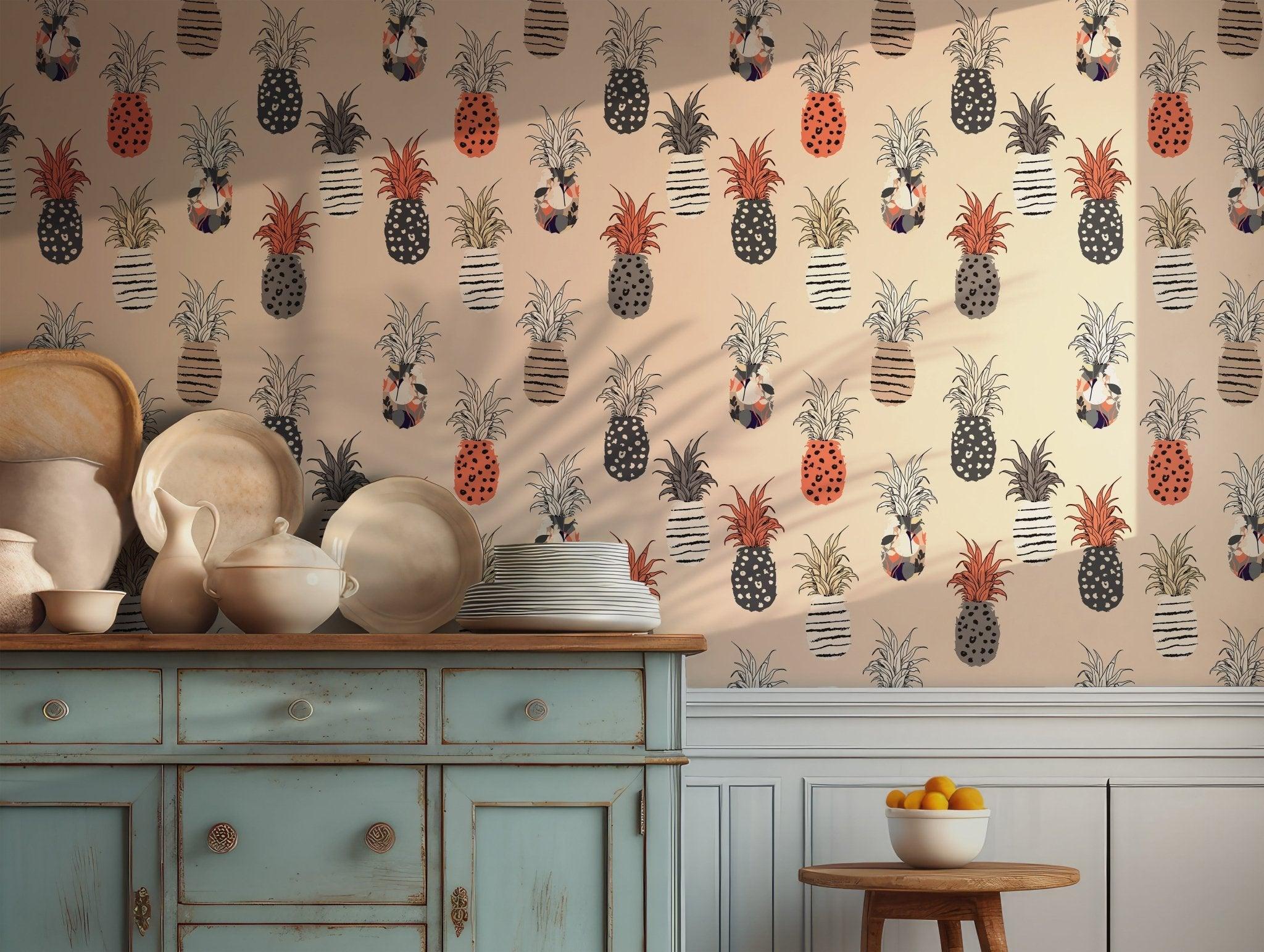 Pineapple Boho Wallpaper - Self Adhesive Peel and Stick - Fruit Playful Summer Abstract Pattern BV282
