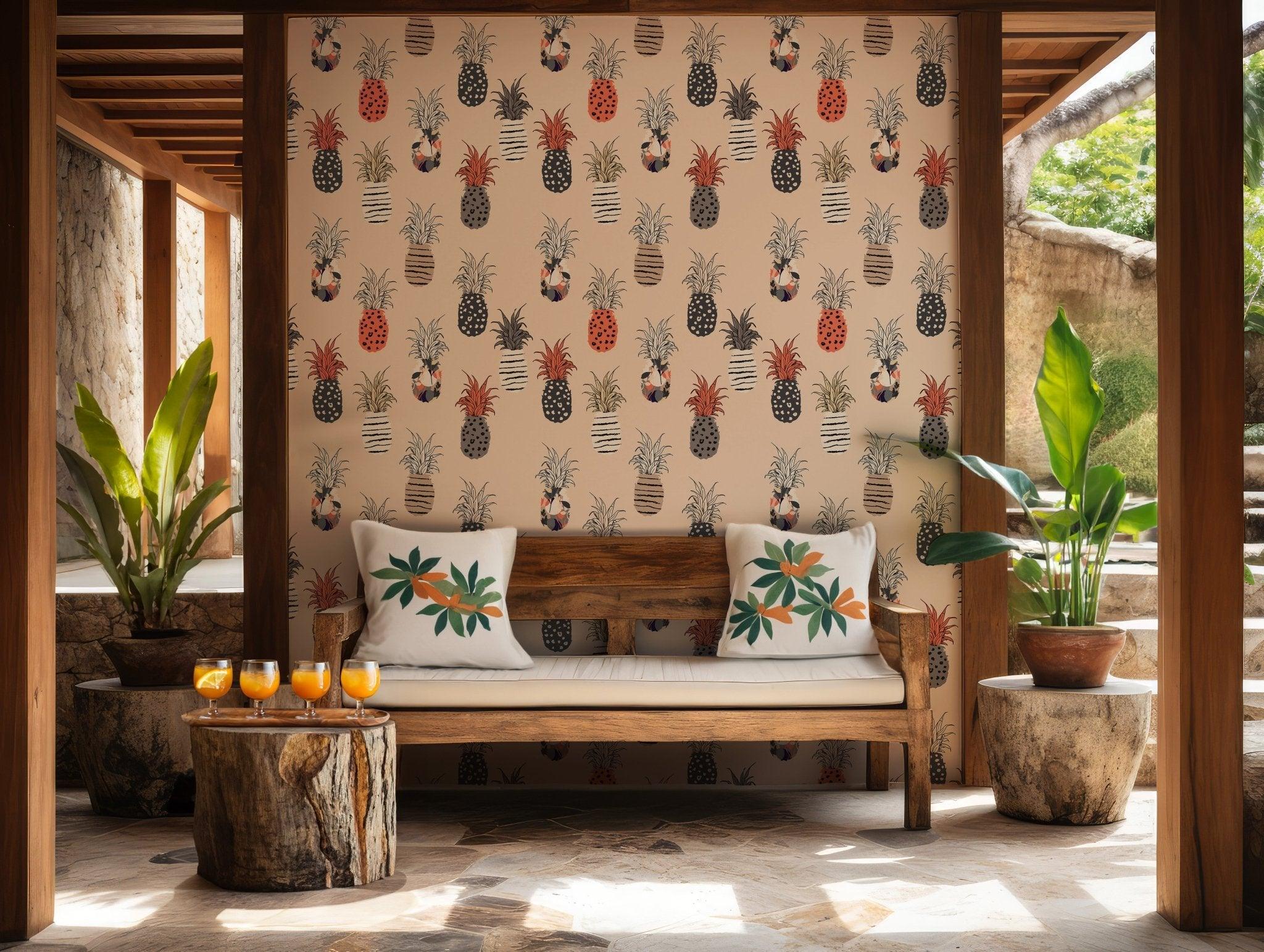 Pineapple Boho Wallpaper - Self Adhesive Peel and Stick - Fruit Playful Summer Abstract Pattern BV282