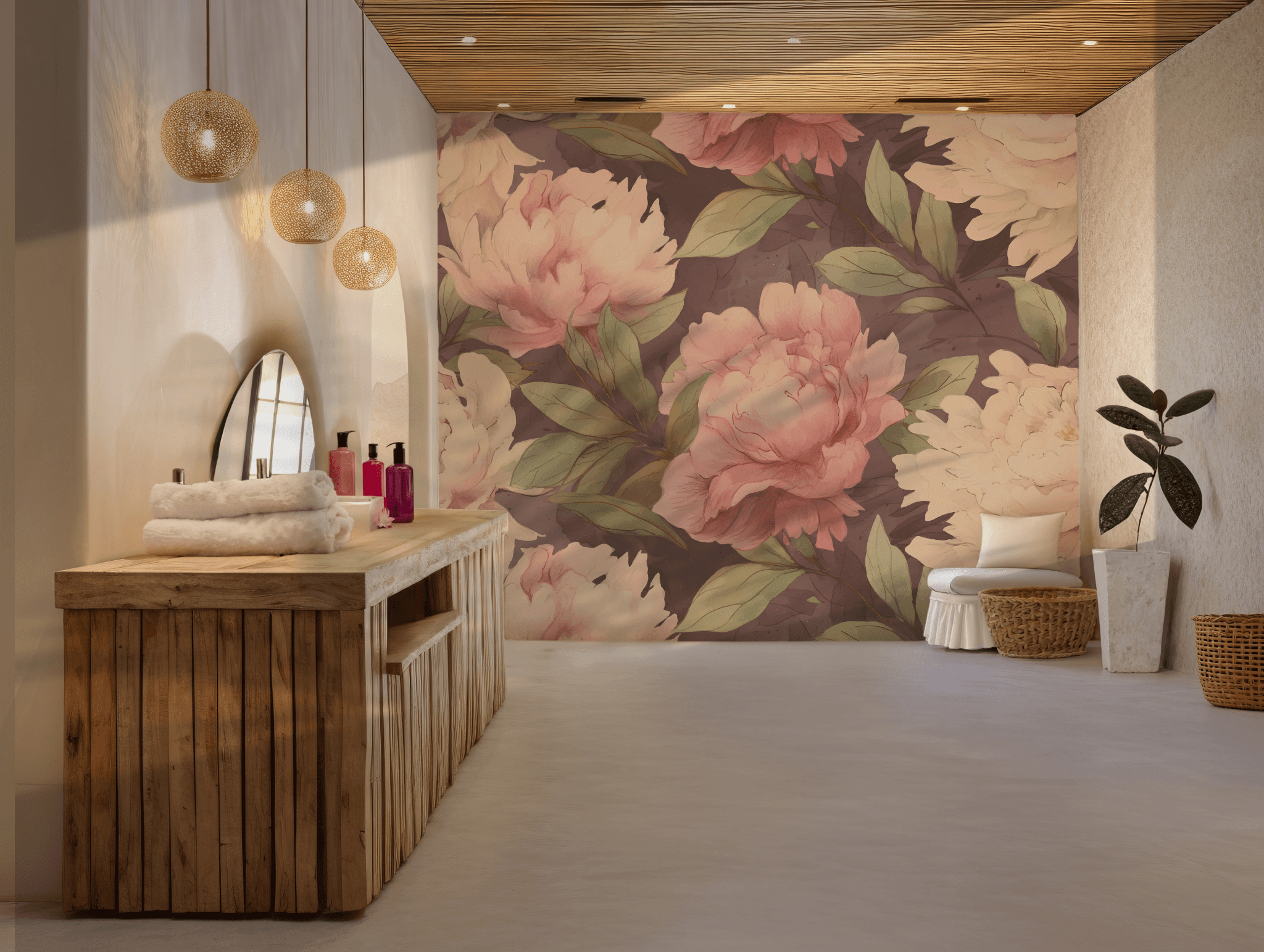 Pink and Cream Peony Floral Wallpaper - Peel and Stick Wall Mural - Vintage Botanical Romantic BV342