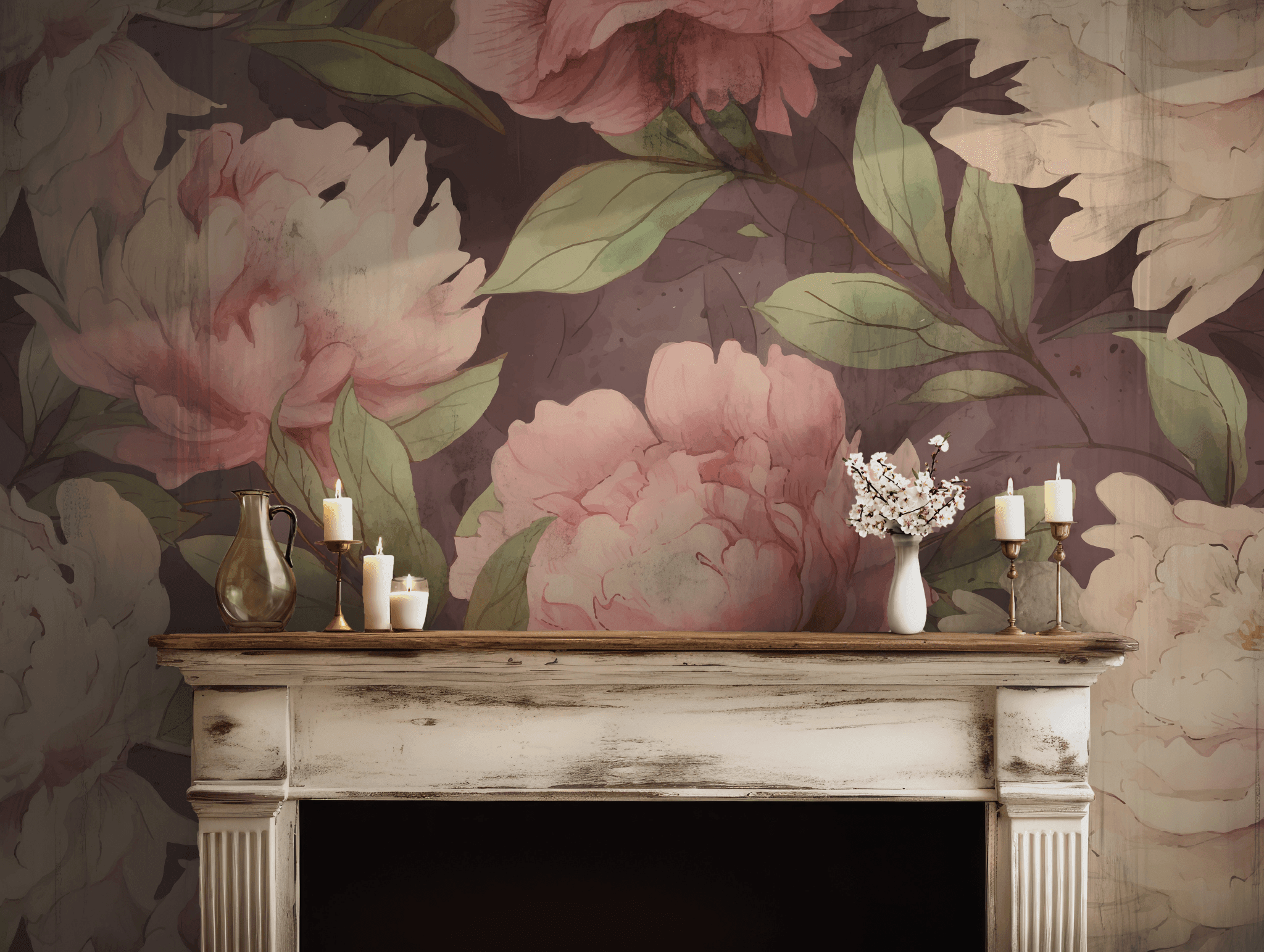 Pink and Cream Peony Floral Wallpaper - Peel and Stick Wall Mural - Vintage Botanical Romantic BV342