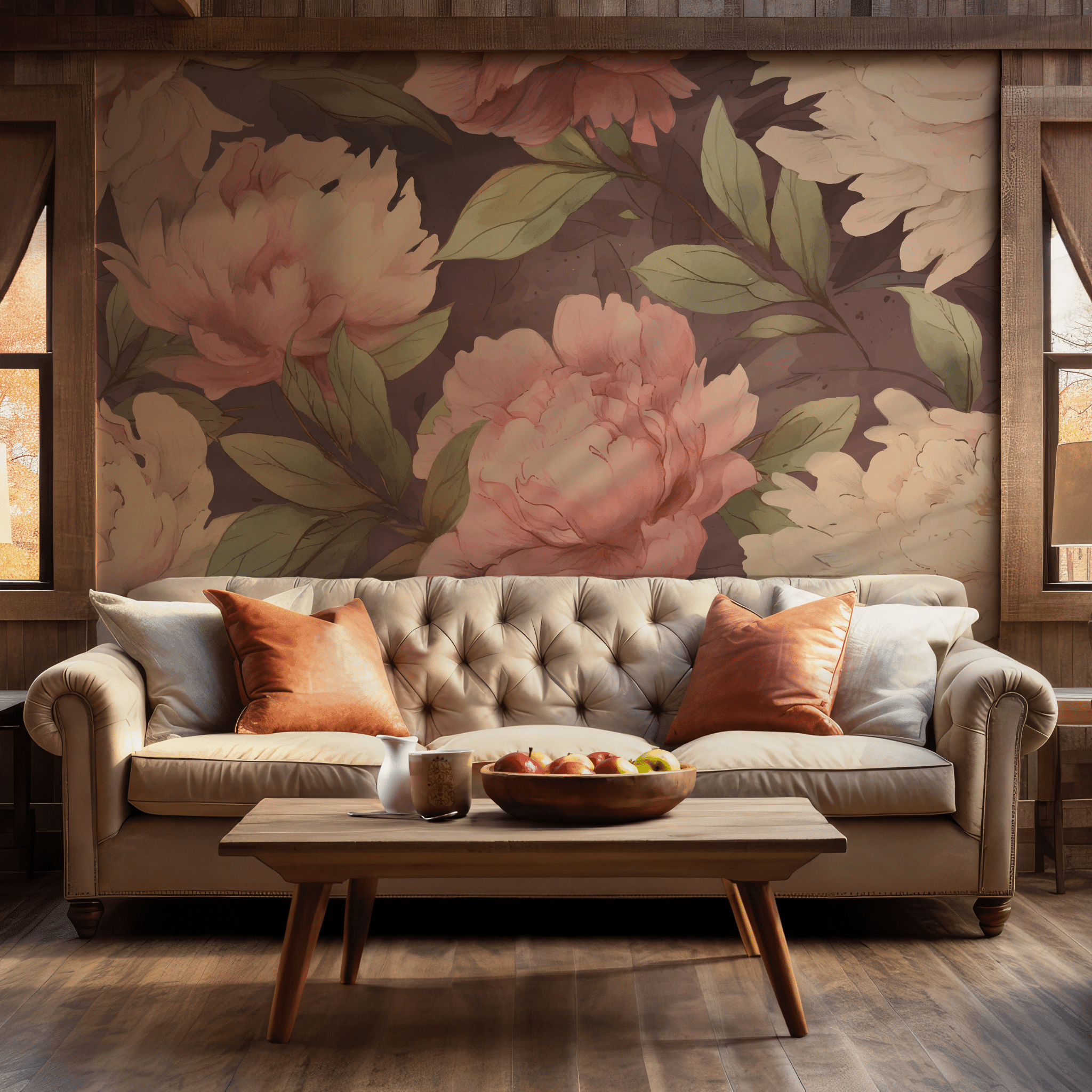Pink and Cream Peony Floral Wallpaper - Peel and Stick Wall Mural - Vintage Botanical Romantic BV342