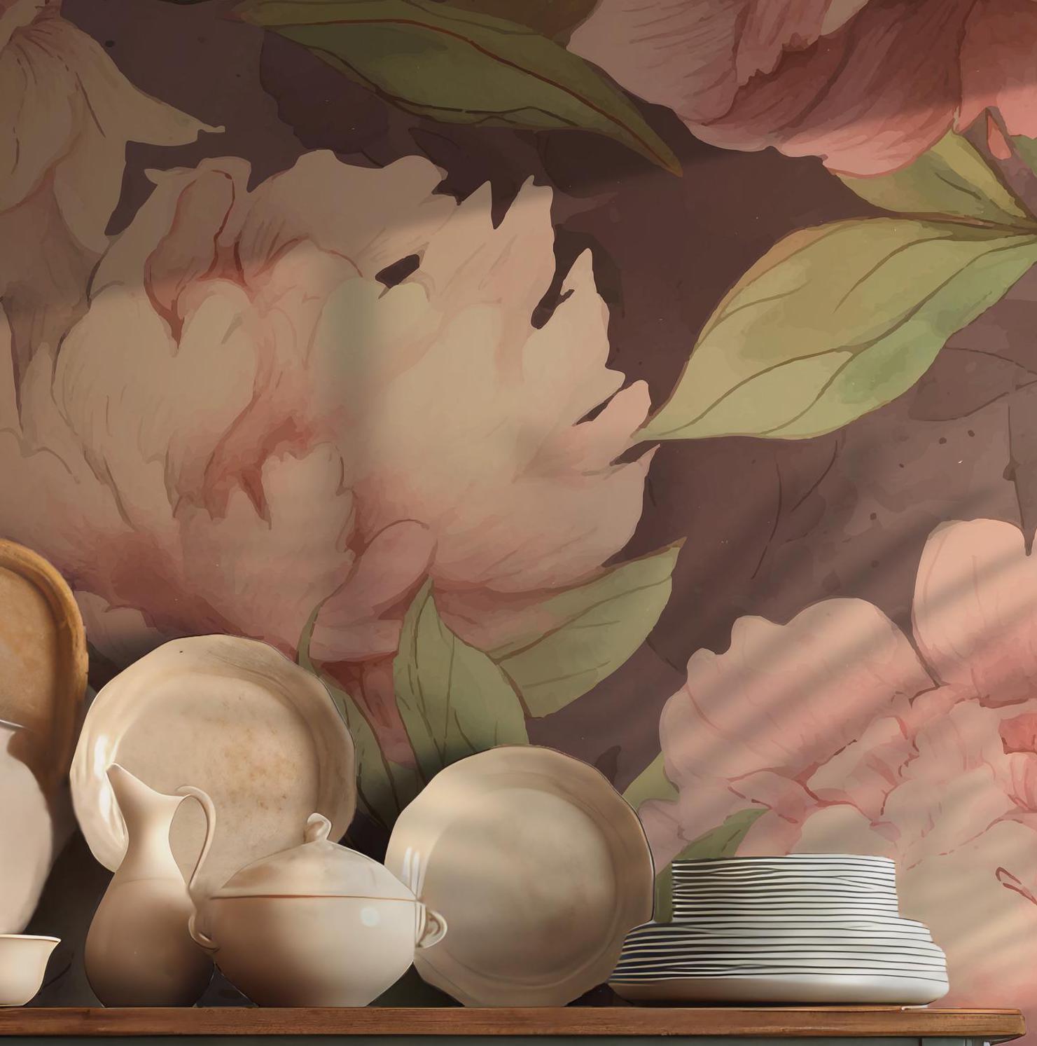 Pink and Cream Peony Floral Wallpaper - Peel and Stick Wall Mural - Vintage Botanical Romantic BV342