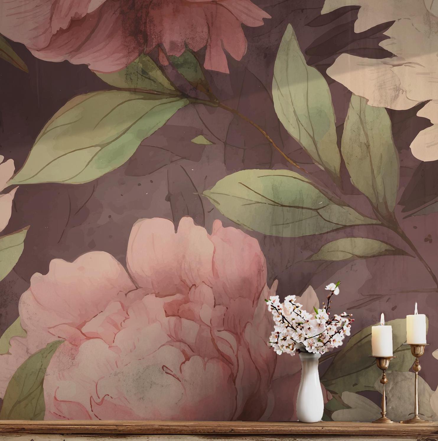 Pink and Cream Peony Floral Wallpaper - Peel and Stick Wall Mural - Vintage Botanical Romantic BV342