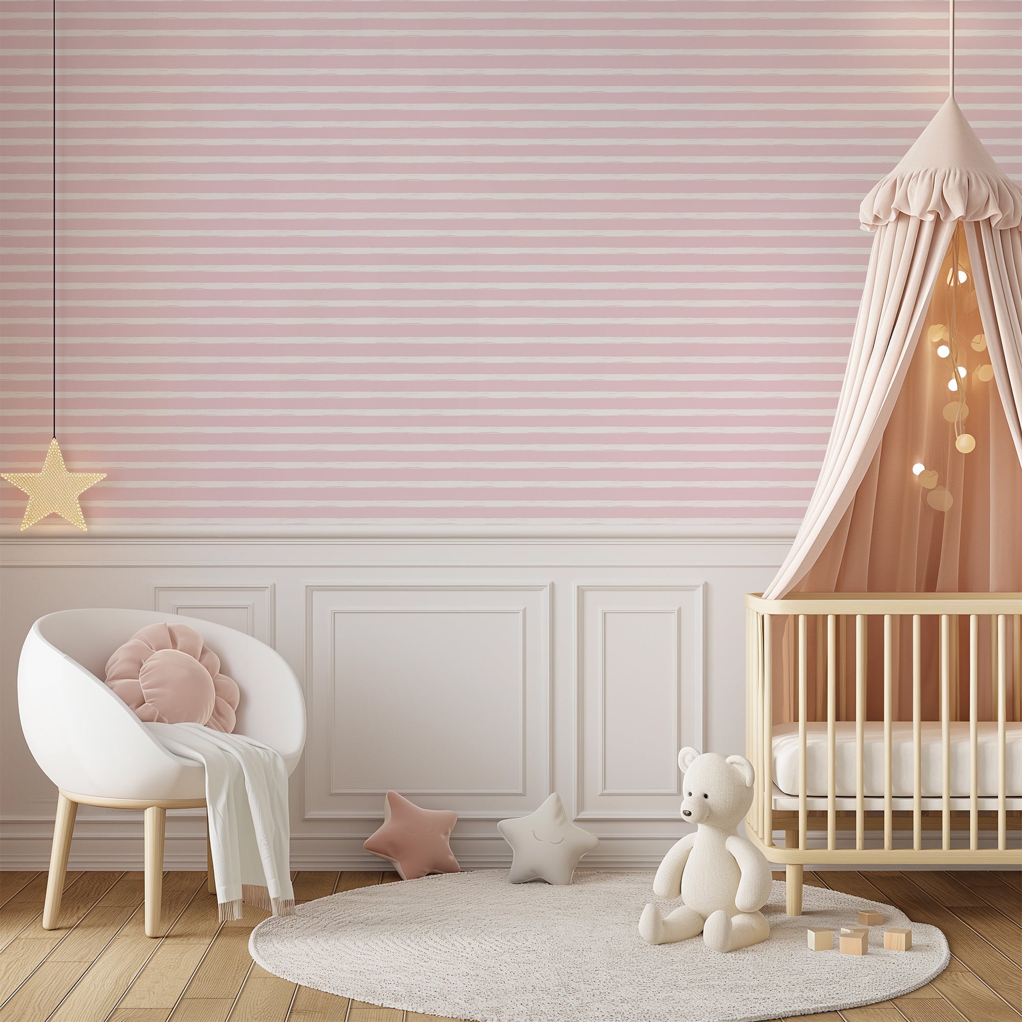 Pink And White Wallpaper - Horizontal Stripes Pattern Pastel - Coastal Style Peel And Stick Design BV353