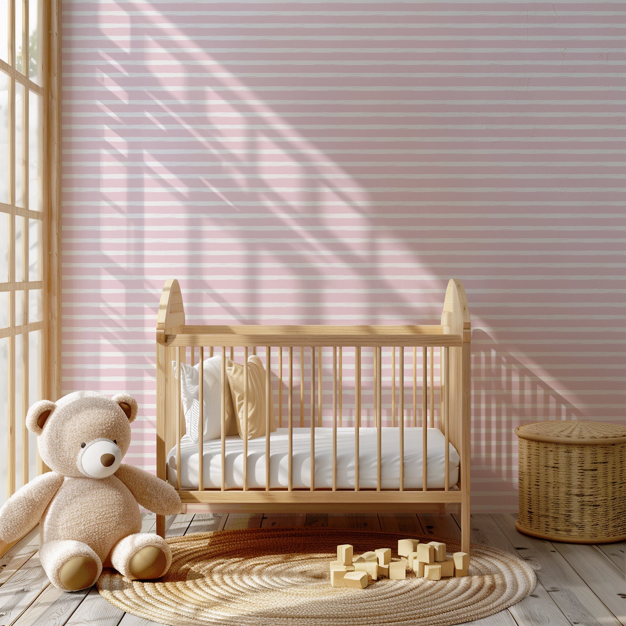 Pink And White Wallpaper - Horizontal Stripes Pattern Pastel - Coastal Style Peel And Stick Design BV353