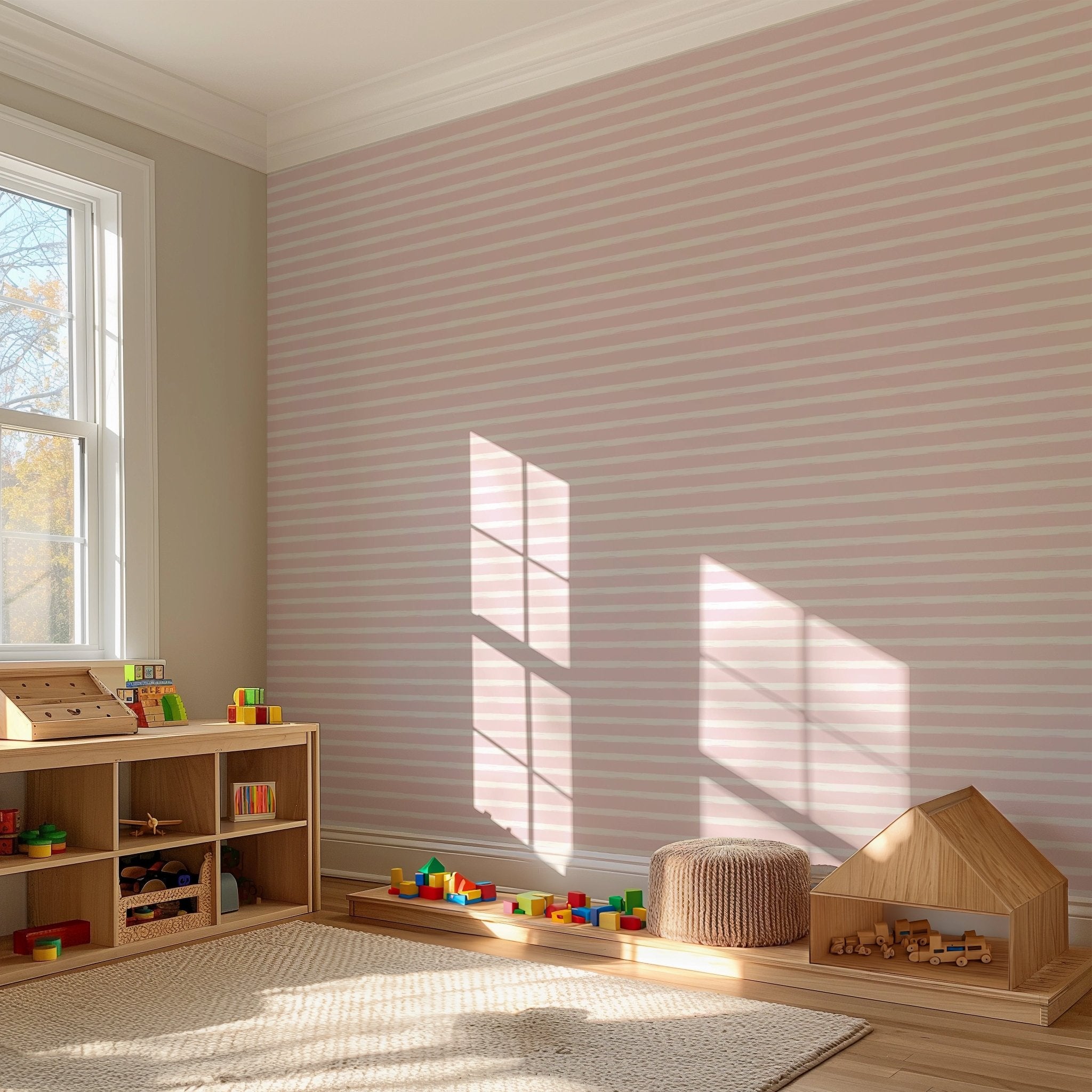 Pink And White Wallpaper - Horizontal Stripes Pattern Pastel - Coastal Style Peel And Stick Design BV353