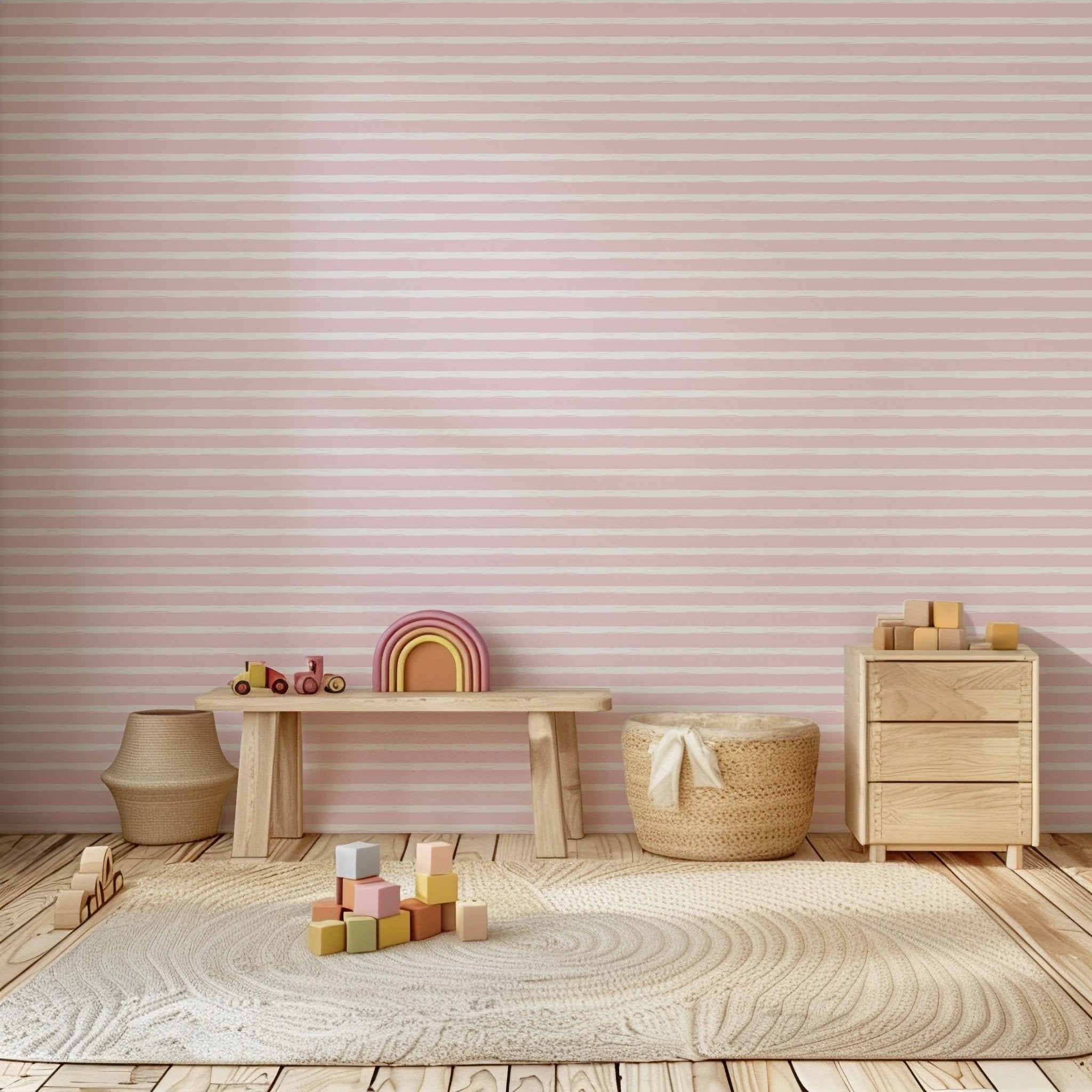 Pink And White Wallpaper - Horizontal Stripes Pattern Pastel - Coastal Style Peel And Stick Design BV353