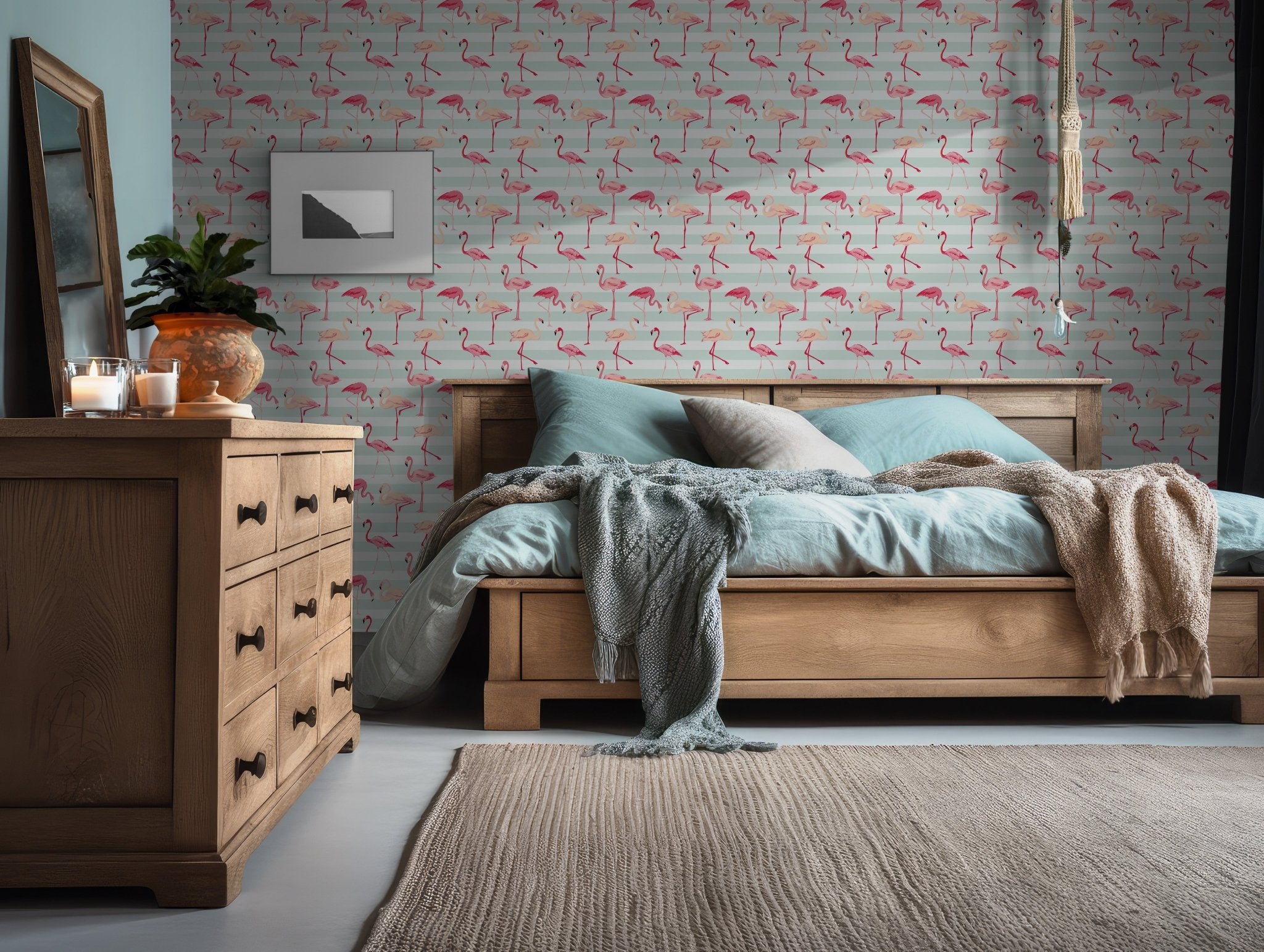 Pink Flamingo Pattern Wallpaper - Self Adhesive Peel and Stick Wallpaper - Tropical Stripes BV238