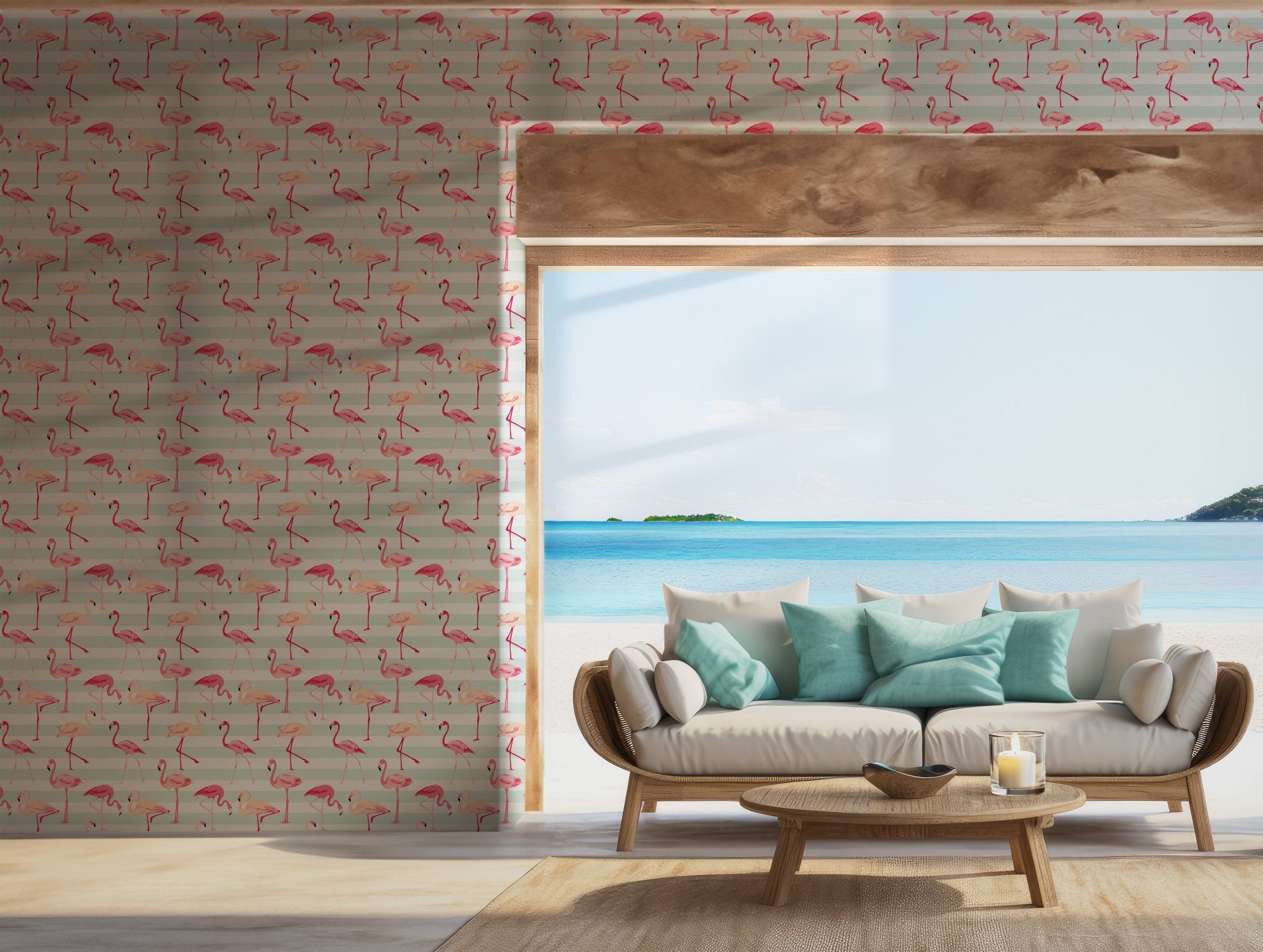 Pink Flamingo Pattern Wallpaper - Self Adhesive Peel and Stick Wallpaper - Tropical Stripes BV238