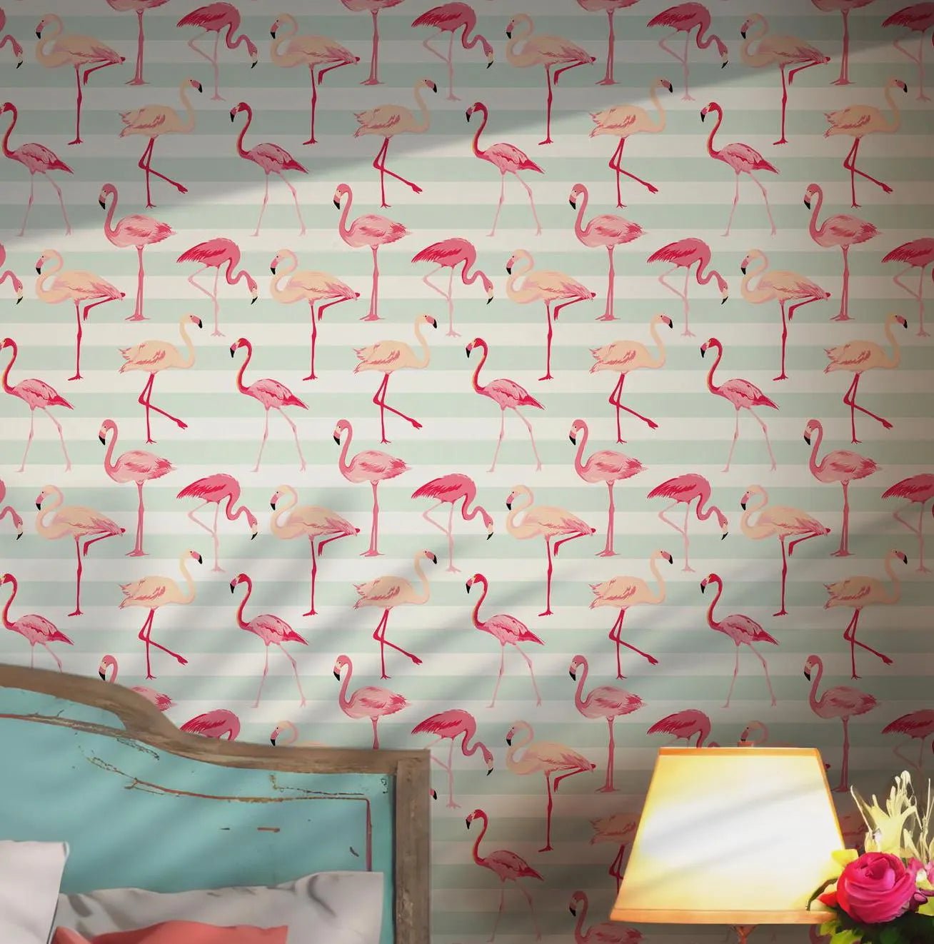 Pink Flamingo Pattern Wallpaper - Self Adhesive Peel and Stick Wallpaper - Tropical Stripes BV238