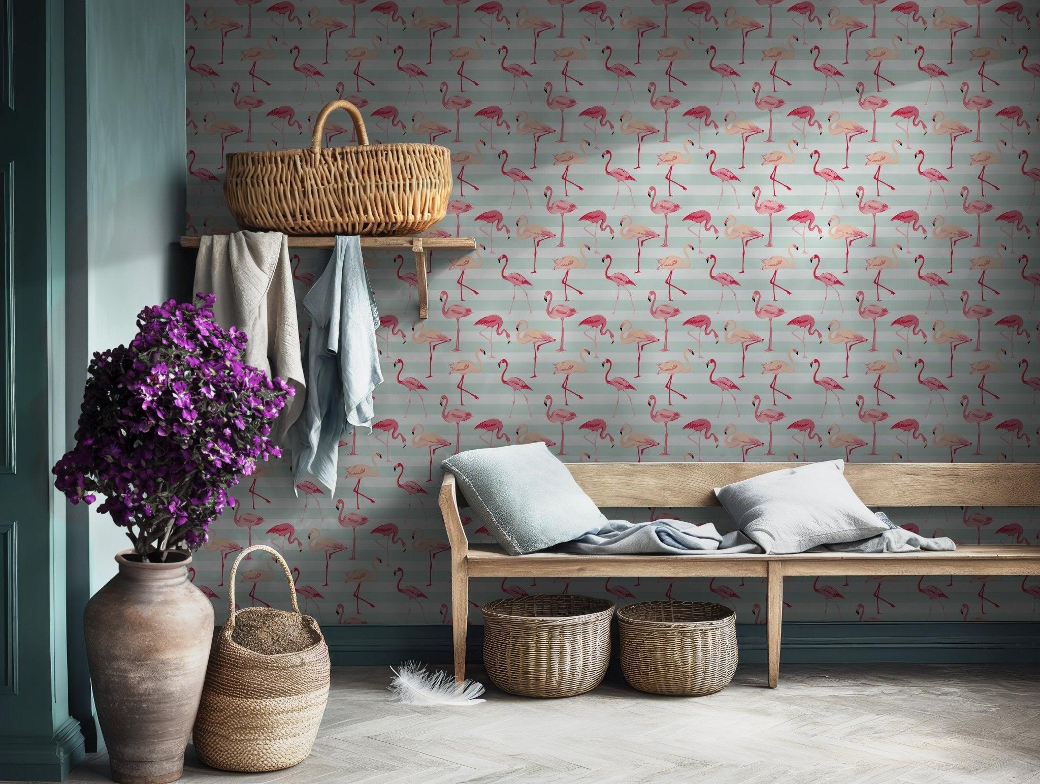 Pink Flamingo Pattern Wallpaper - Self Adhesive Peel and Stick Wallpaper - Tropical Stripes BV238