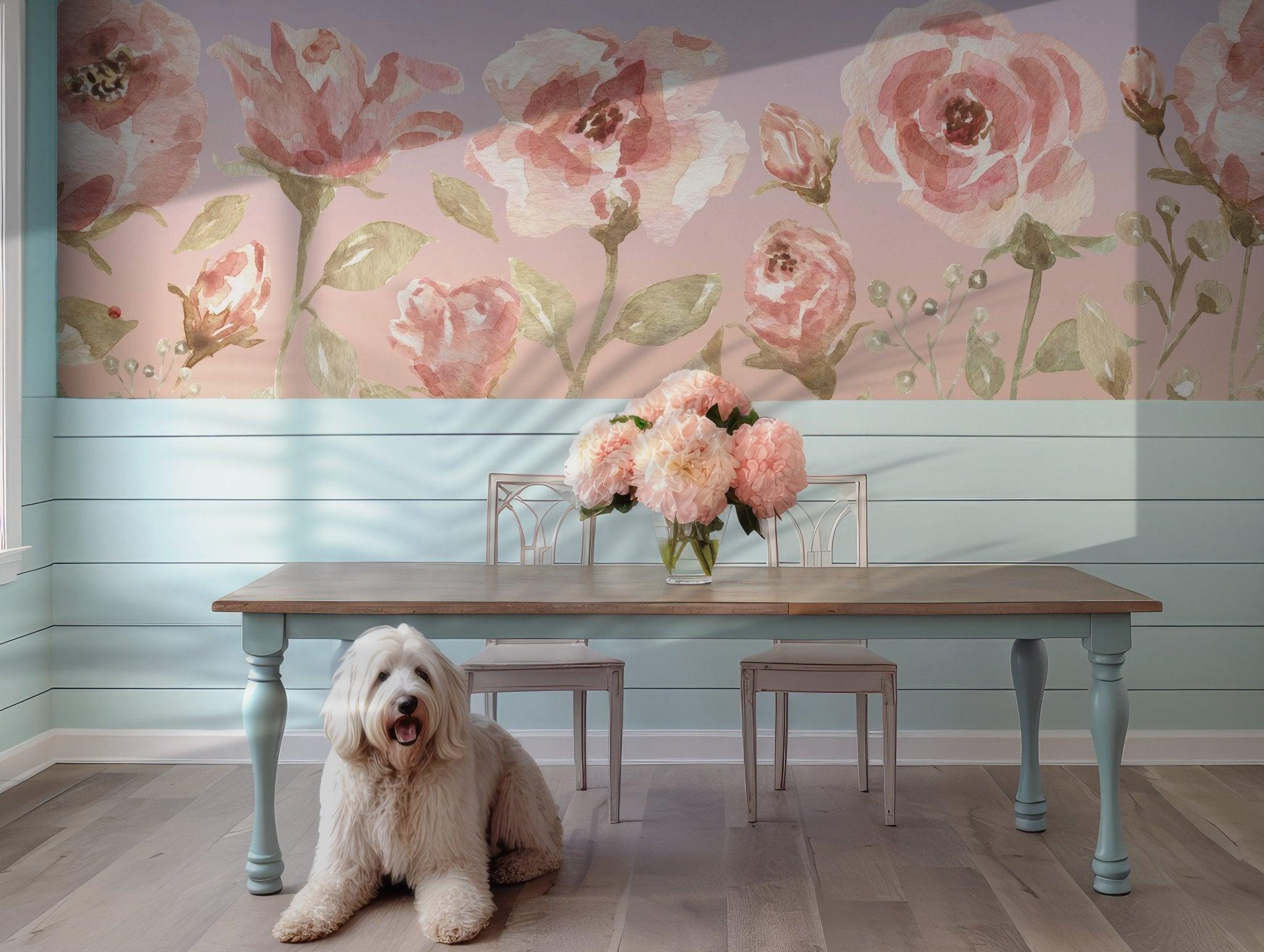 Pink Floral Roses Blush Wallpaper - Self Adhesive Peel and Stick Wall Mural - Olive Watercolor BV294