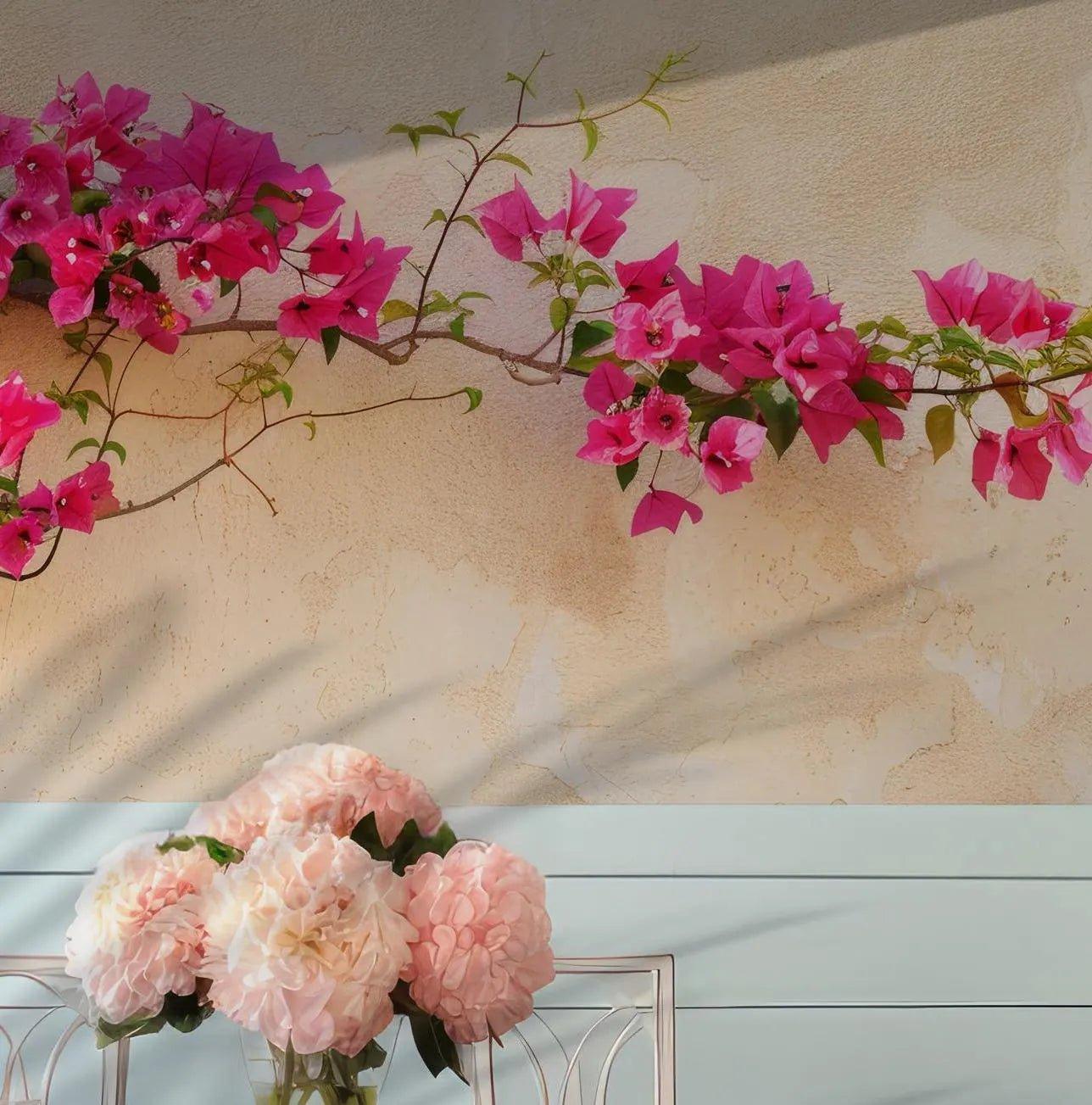 Pink Flowers Wallpaper - Self Adhesive Peel and Stick Wall Mural - Bougainvillea BloomWhite Floral Botanical BV215