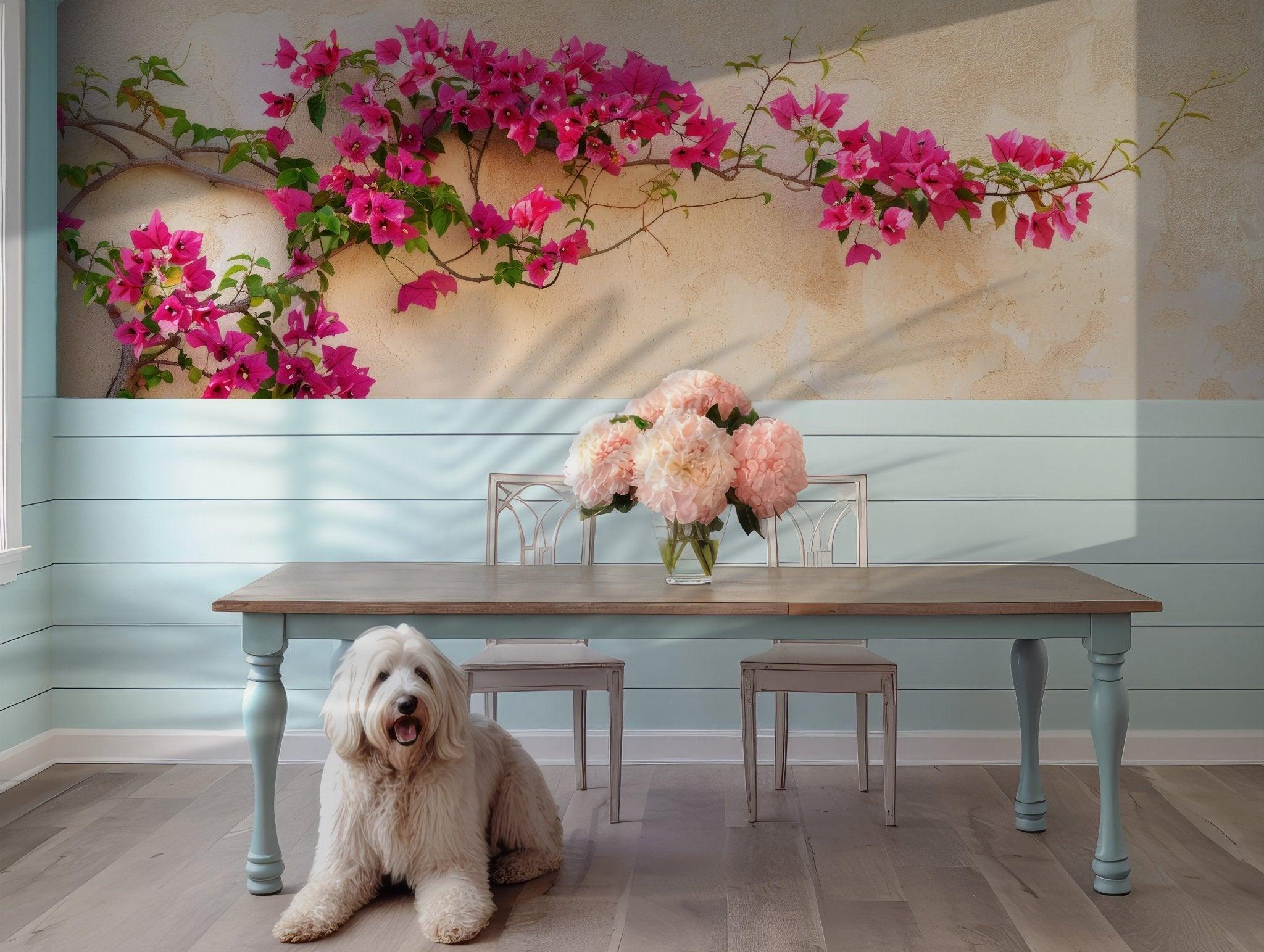 Pink Flowers Wallpaper - Self Adhesive Peel and Stick Wall Mural - Bougainvillea BloomWhite Floral Botanical BV215