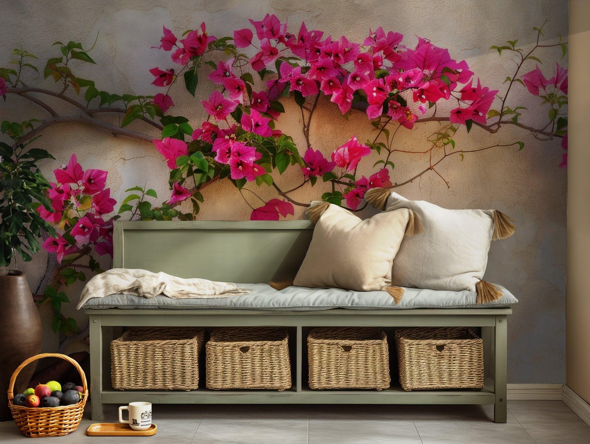 Pink Flowers Wallpaper - Self Adhesive Peel and Stick Wall Mural - Bougainvillea BloomWhite Floral Botanical BV215