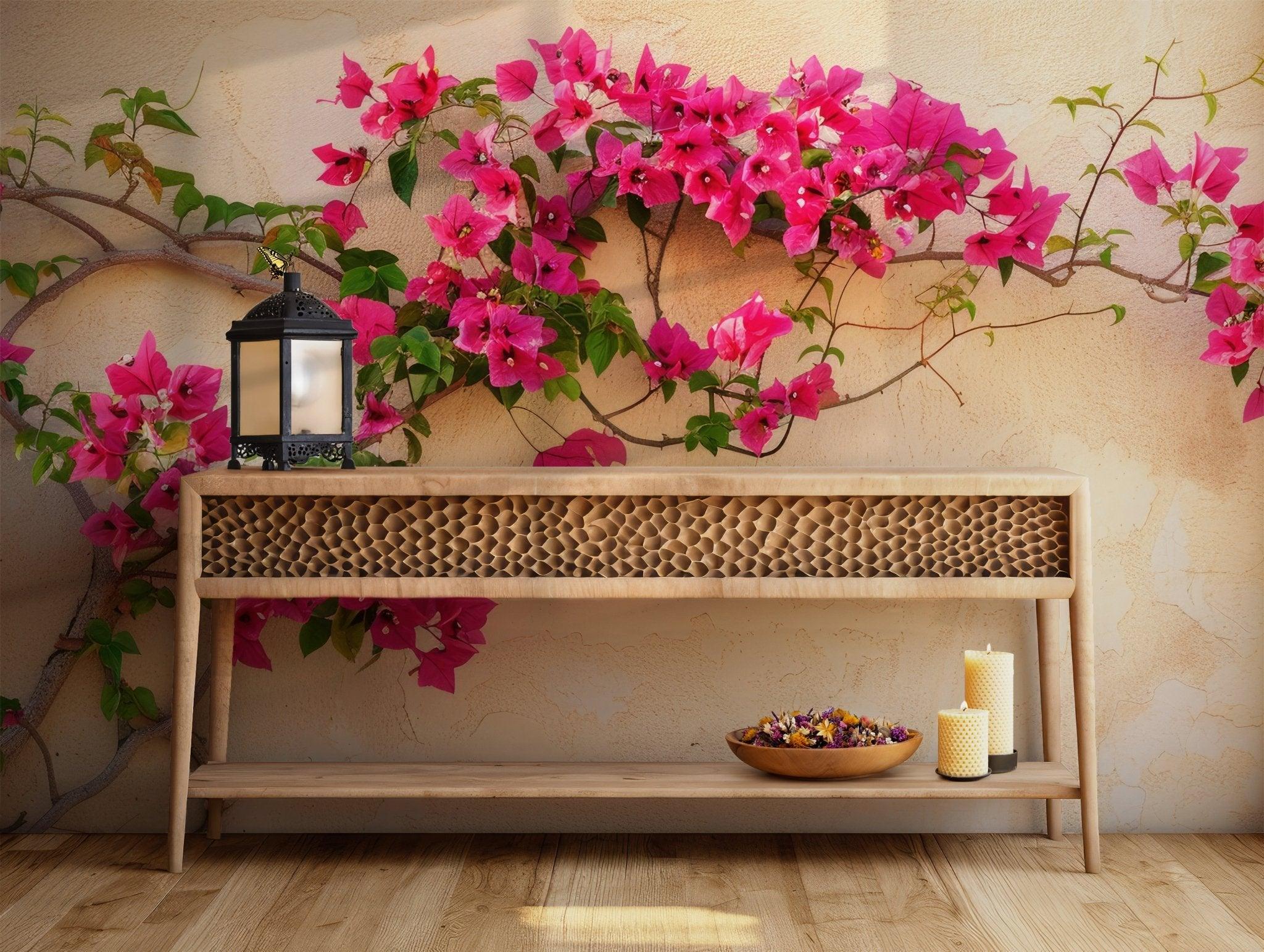 Pink Flowers Wallpaper - Self Adhesive Peel and Stick Wall Mural - Bougainvillea BloomWhite Floral Botanical BV215
