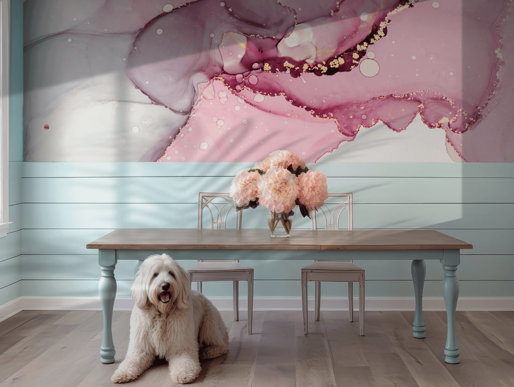 Pink Gold Fluid Wallpaper - Temporary Peel and Stick Wall Mural - Blush Violet Metallic Marble Ink Art BV324