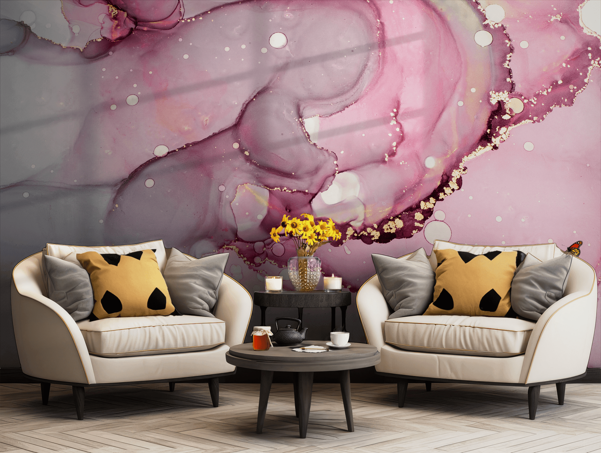 Pink Gold Fluid Wallpaper - Temporary Peel and Stick Wall Mural - Blush Violet Metallic Marble Ink Art BV324