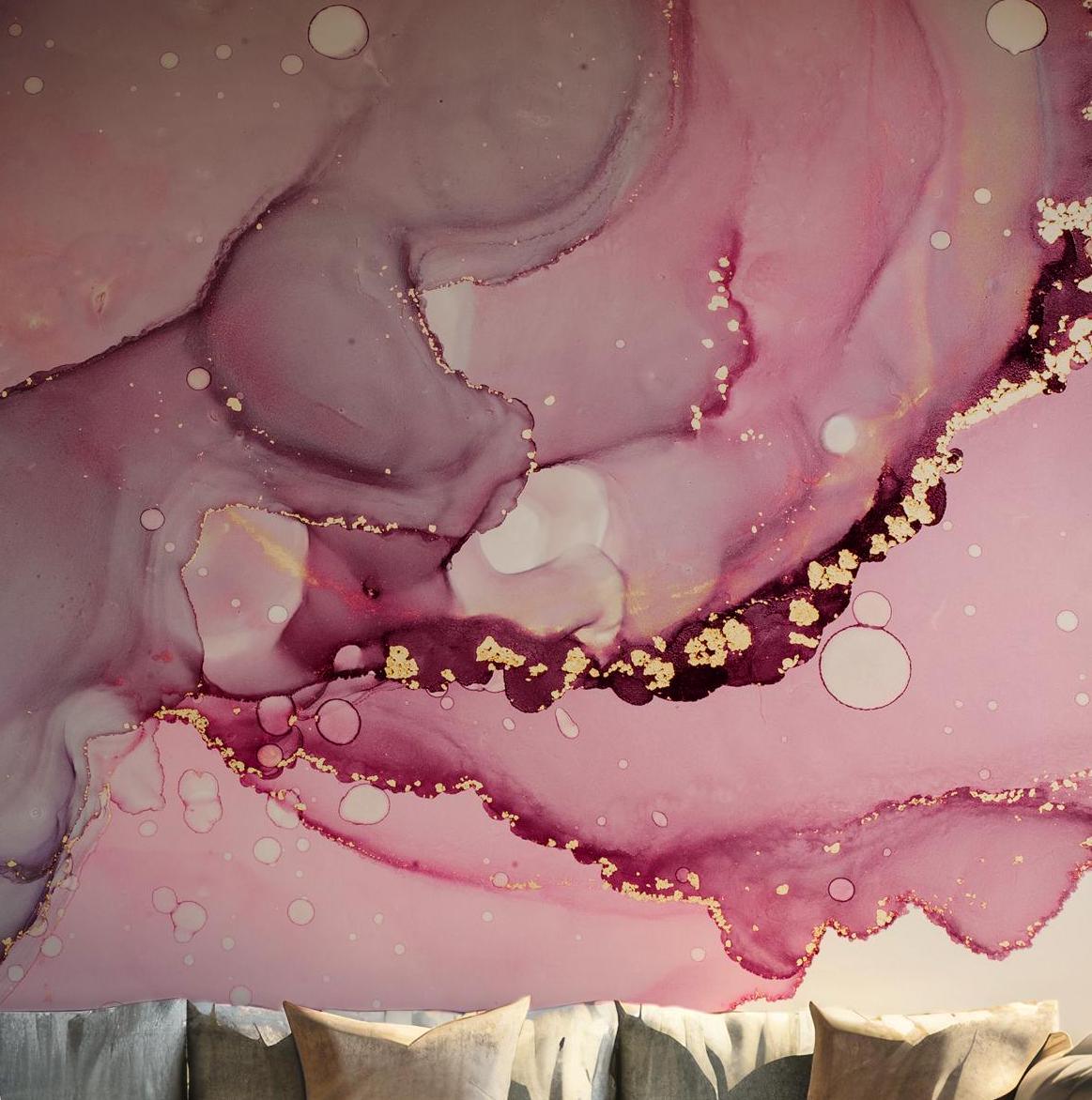 Pink Gold Fluid Wallpaper - Temporary Peel and Stick Wall Mural - Blush Violet Metallic Marble Ink Art BV324