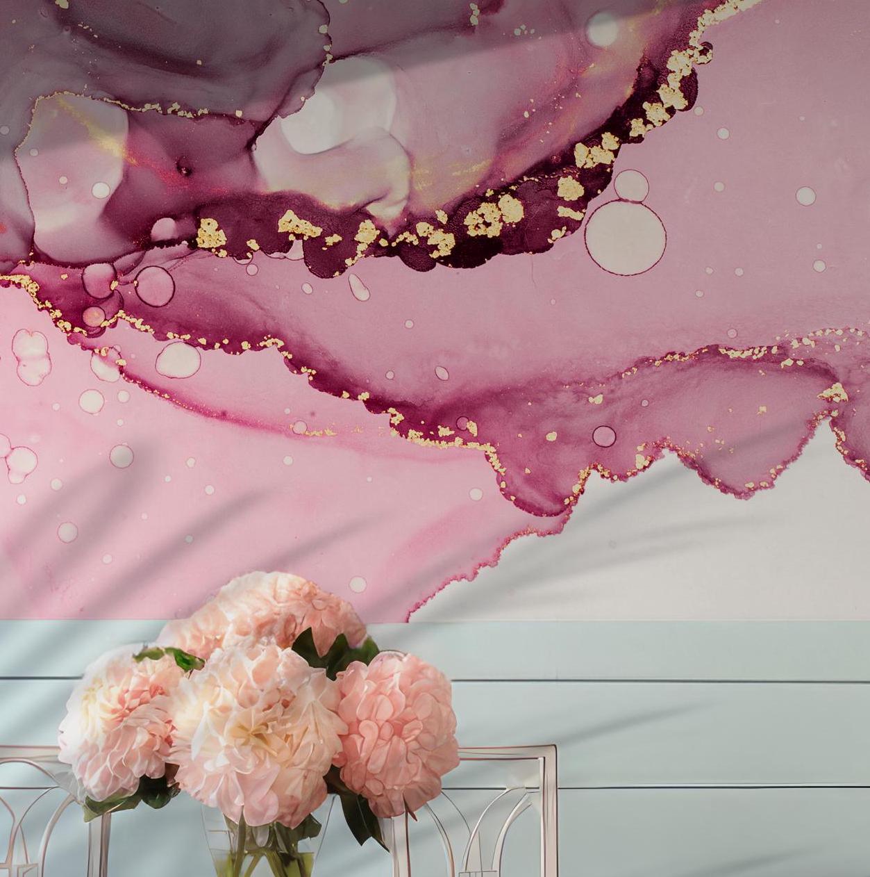 Pink Gold Fluid Wallpaper - Temporary Peel and Stick Wall Mural - Blush Violet Metallic Marble Ink Art BV324