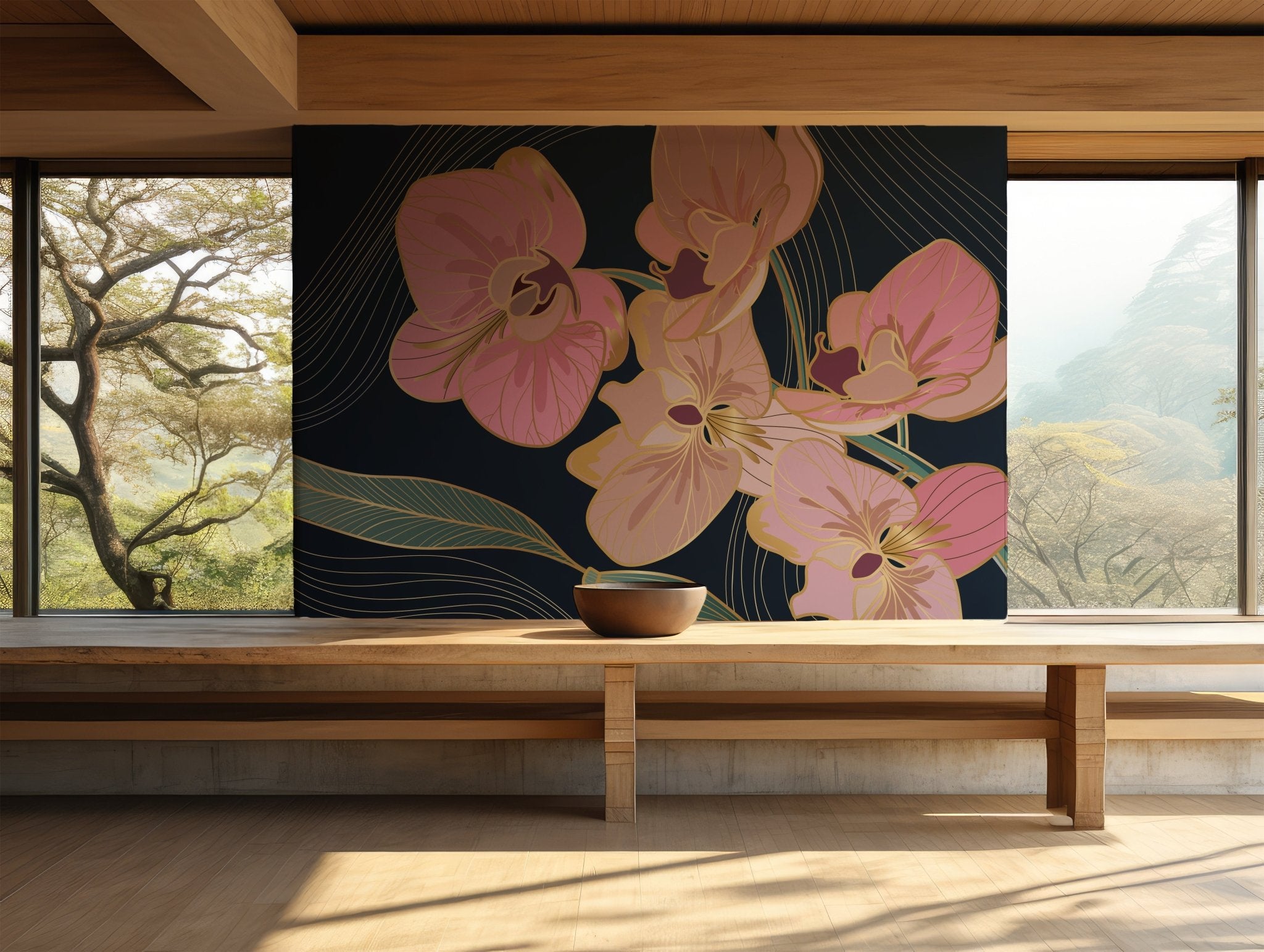 Pink Orchid Floral Wallpaper - Self Adhesive Peel and Stick Wall Mural - Elegant Botanical Gold BV273