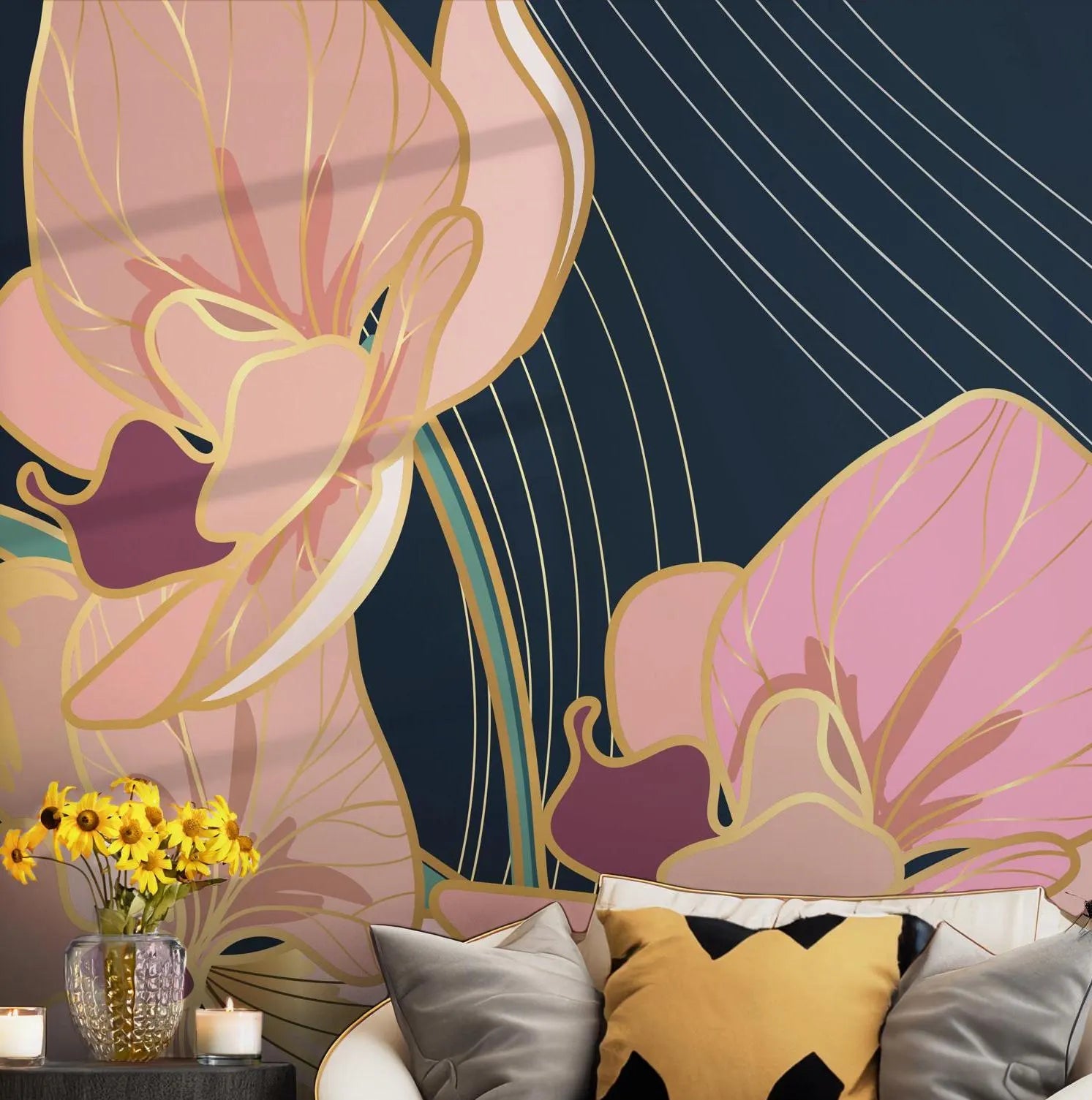Pink Orchid Floral Wallpaper - Self Adhesive Peel and Stick Wall Mural - Elegant Botanical Gold BV273