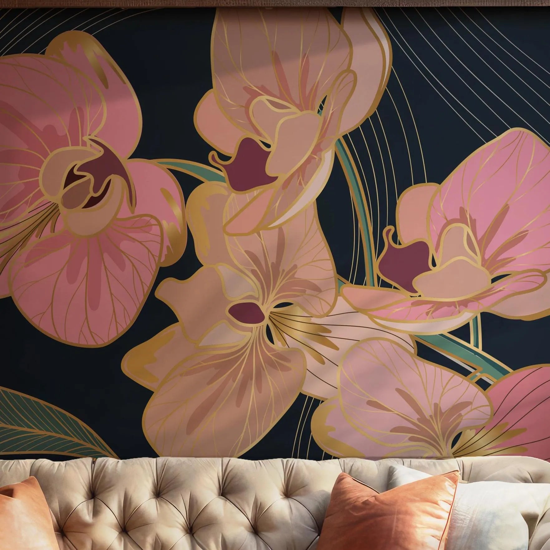 Pink Orchid Floral Wallpaper - Self Adhesive Peel and Stick Wall Mural - Elegant Botanical Gold BV273