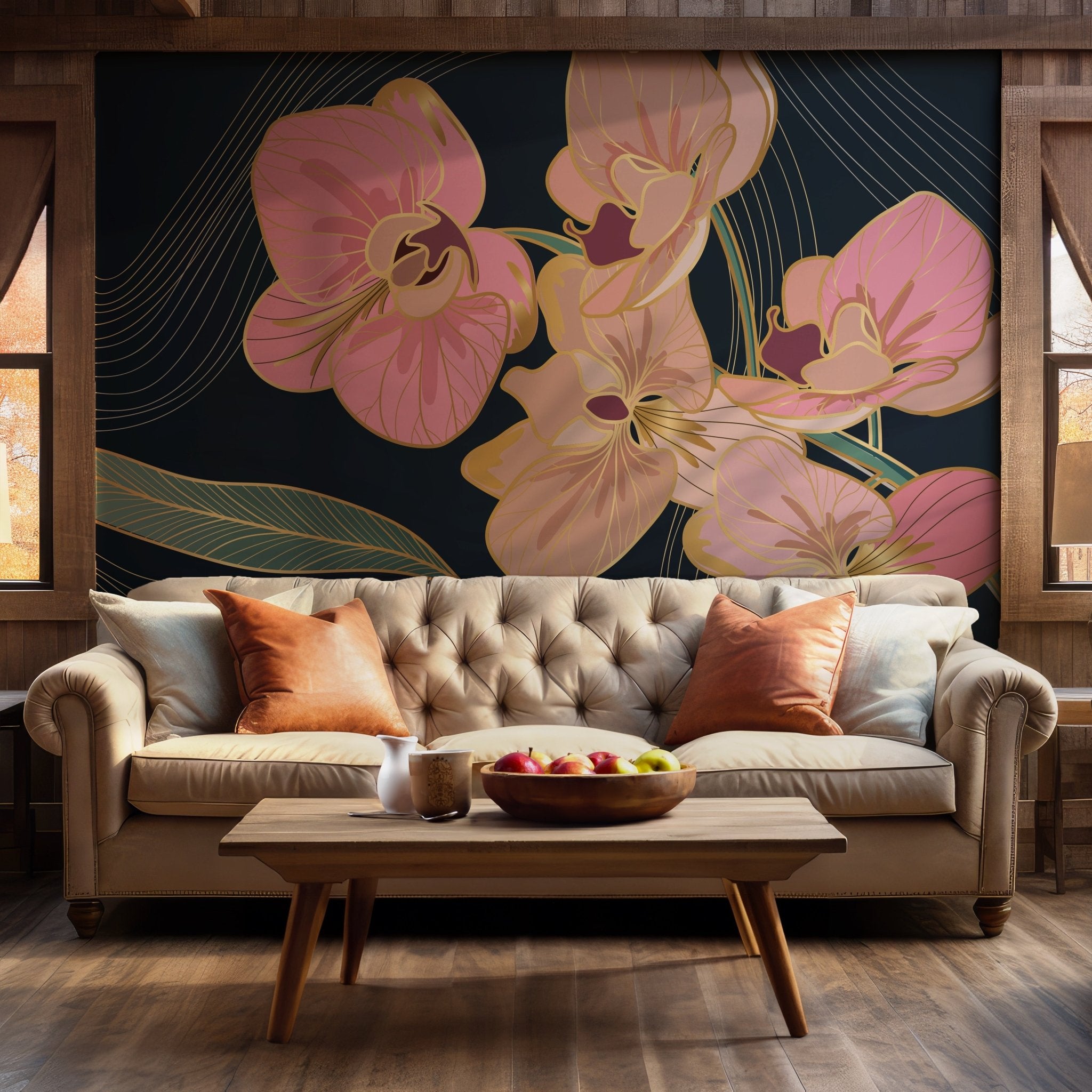 Pink Orchid Floral Wallpaper - Self Adhesive Peel and Stick Wall Mural - Elegant Botanical Gold BV273