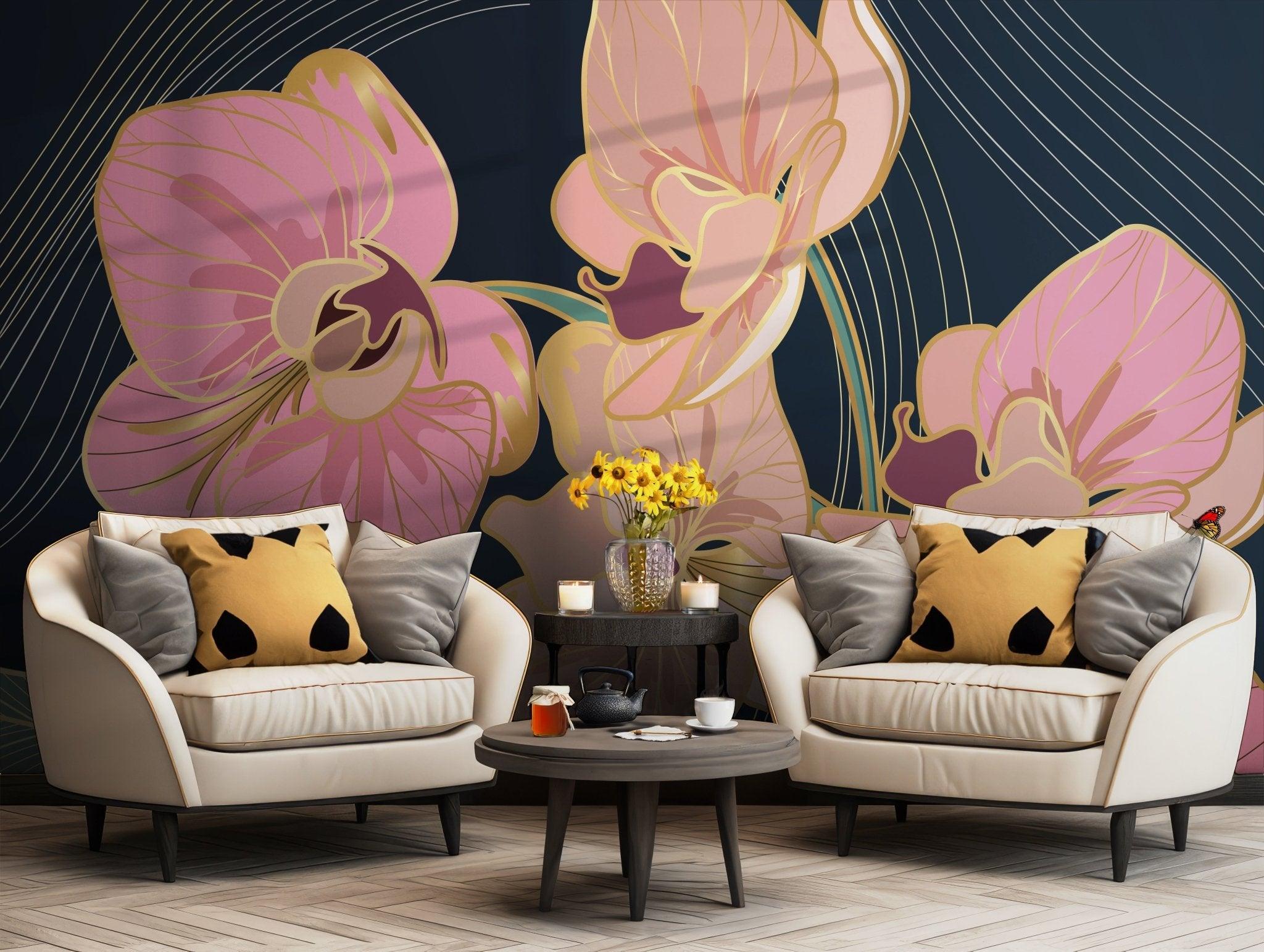 Pink Orchid Floral Wallpaper - Self Adhesive Peel and Stick Wall Mural - Elegant Botanical Gold BV273