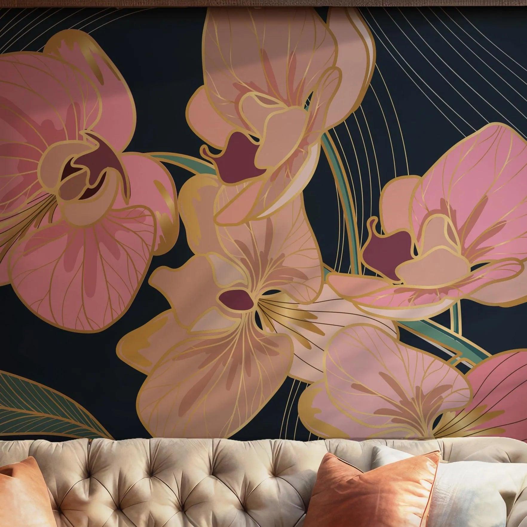 Pink Orchid Floral Wallpaper - Self Adhesive Peel and Stick Wall Mural - Elegant Botanical Gold BV273