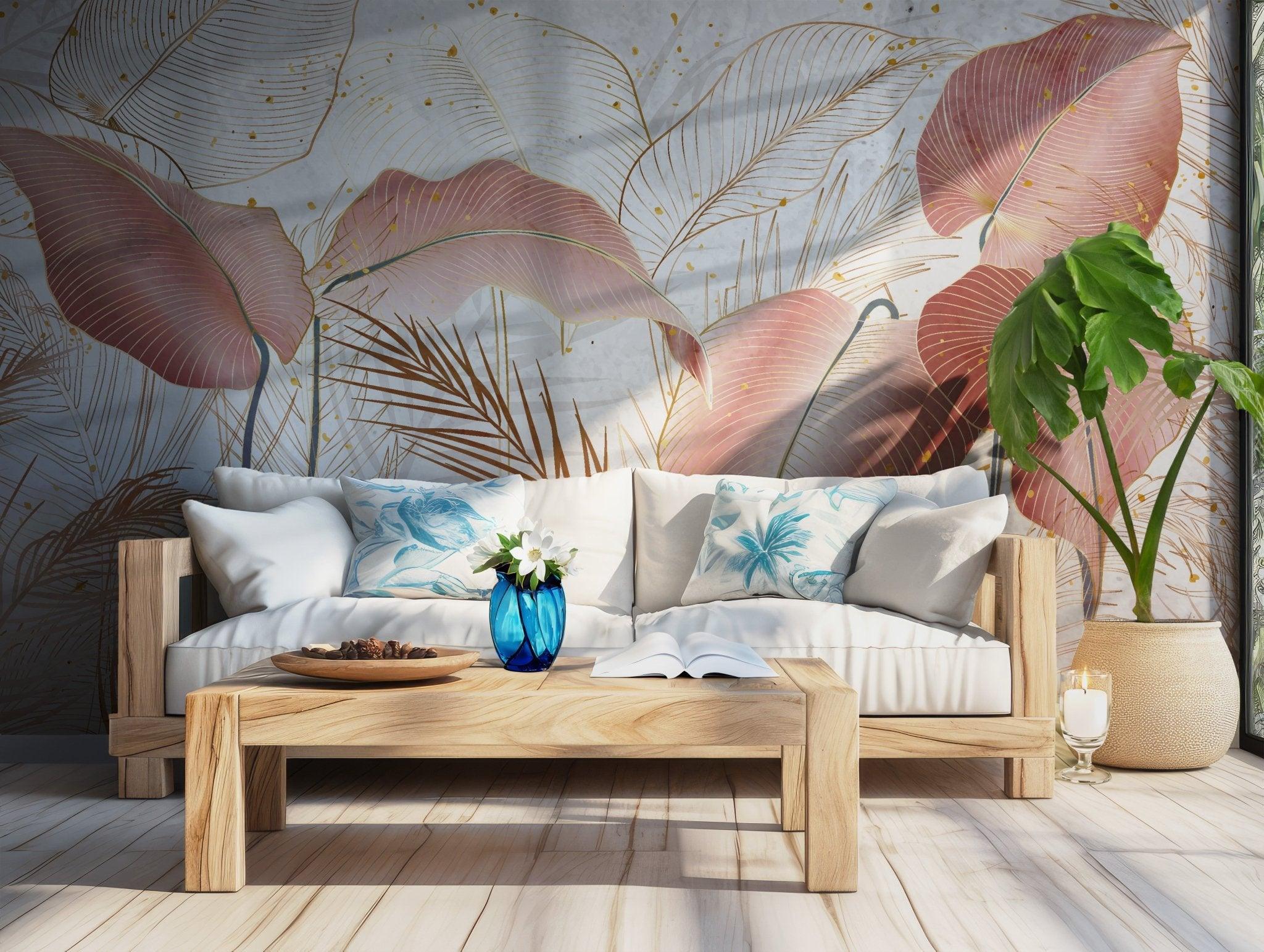Pink Palm Leaves Wallpaper - Self Adhesive Peel and Stick Wall Mural - Costal Exotic Tropical BV186
