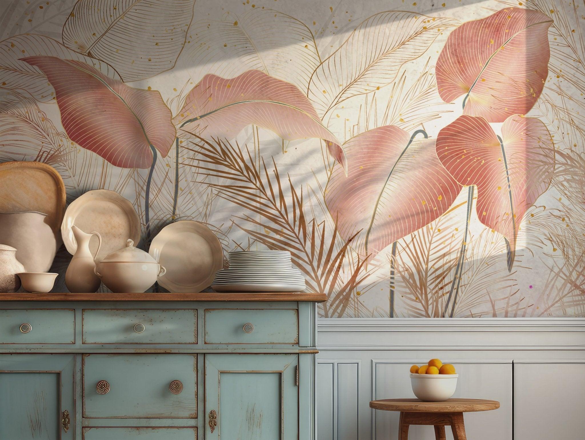 Pink Palm Leaves Wallpaper - Self Adhesive Peel and Stick Wall Mural - Costal Exotic Tropical BV186