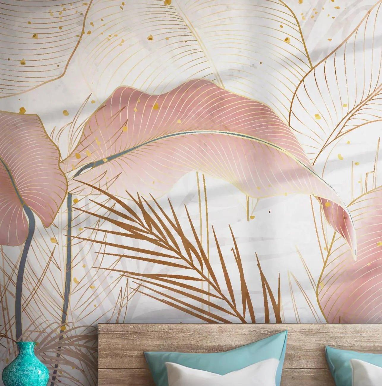 Pink Palm Leaves Wallpaper - Self Adhesive Peel and Stick Wall Mural - Costal Exotic Tropical BV186