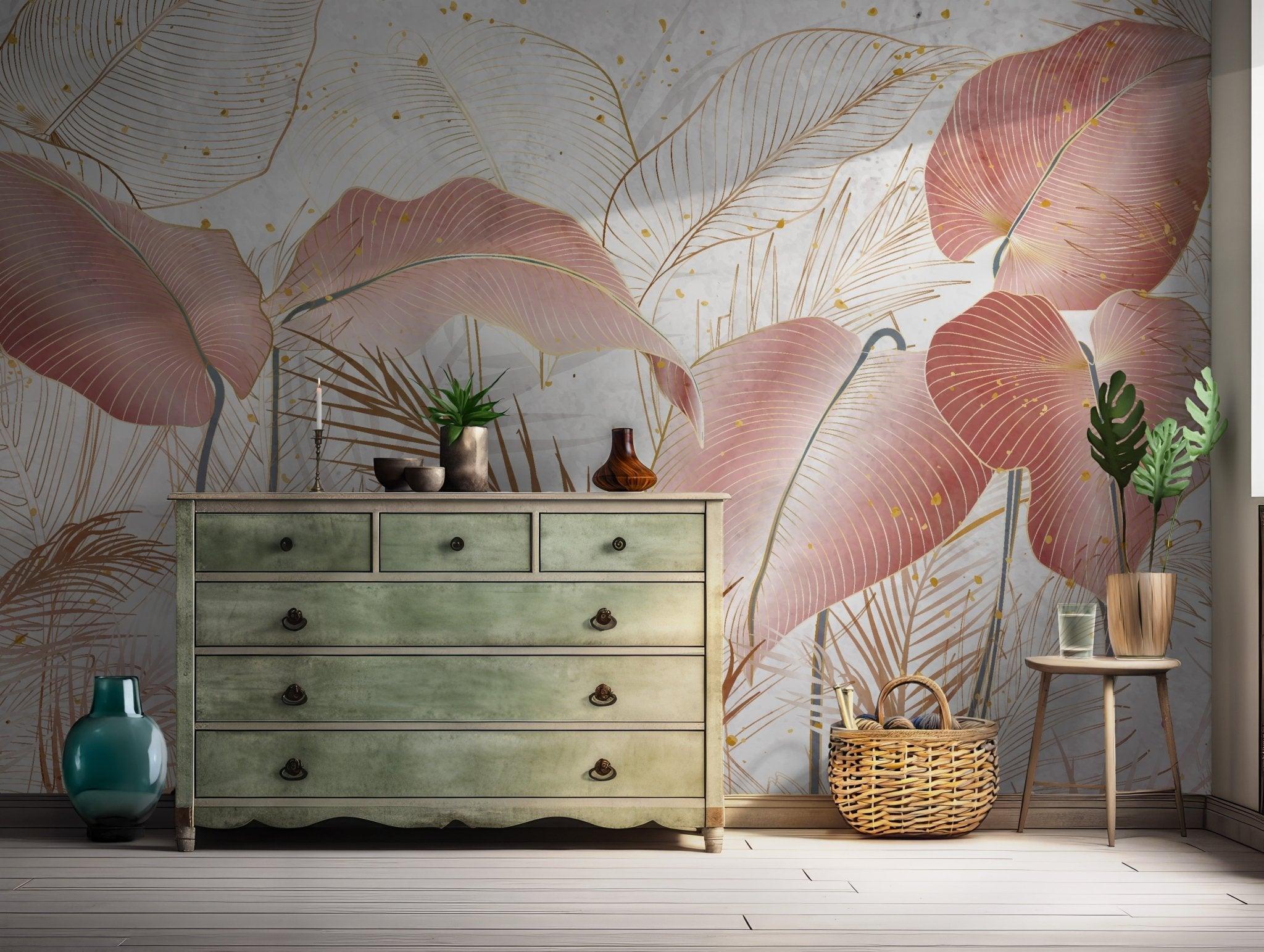 Pink Palm Leaves Wallpaper - Self Adhesive Peel and Stick Wall Mural - Costal Exotic Tropical BV186