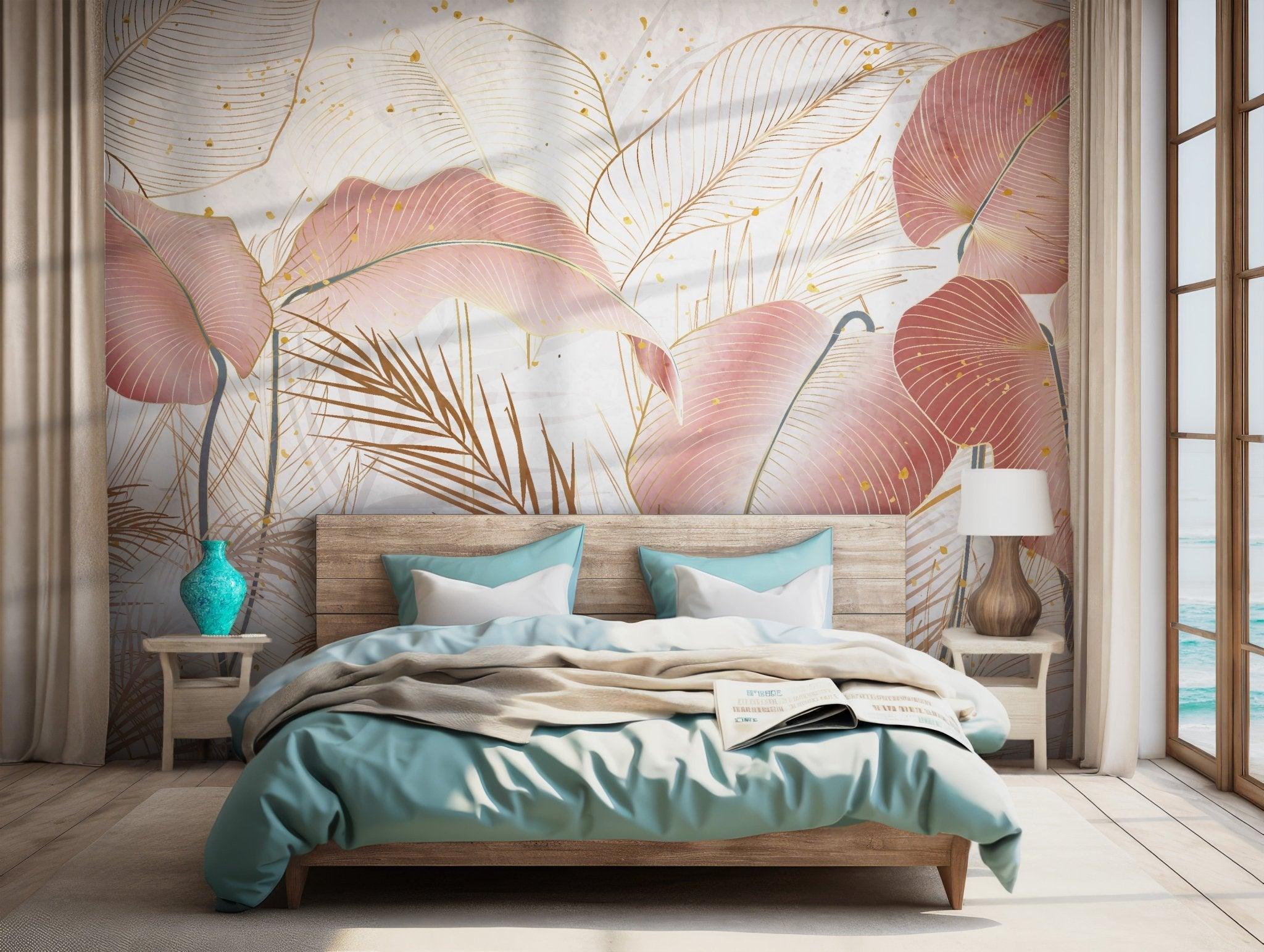 Pink Palm Leaves Wallpaper - Self Adhesive Peel and Stick Wall Mural - Costal Exotic Tropical BV186