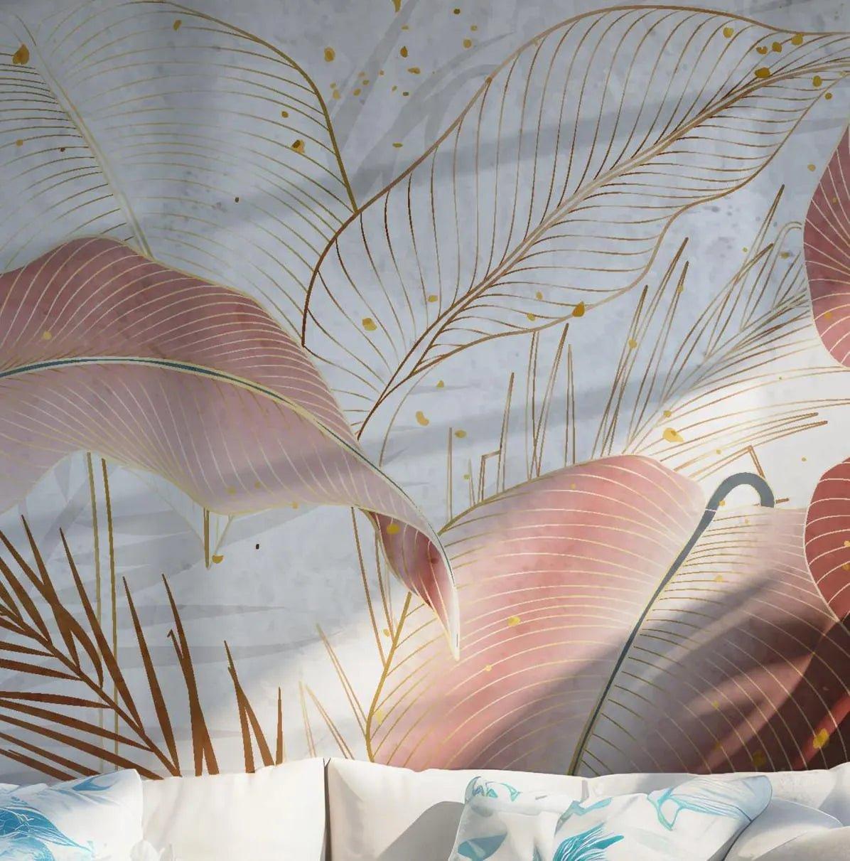 Pink Palm Leaves Wallpaper - Self Adhesive Peel and Stick Wall Mural - Costal Exotic Tropical BV186