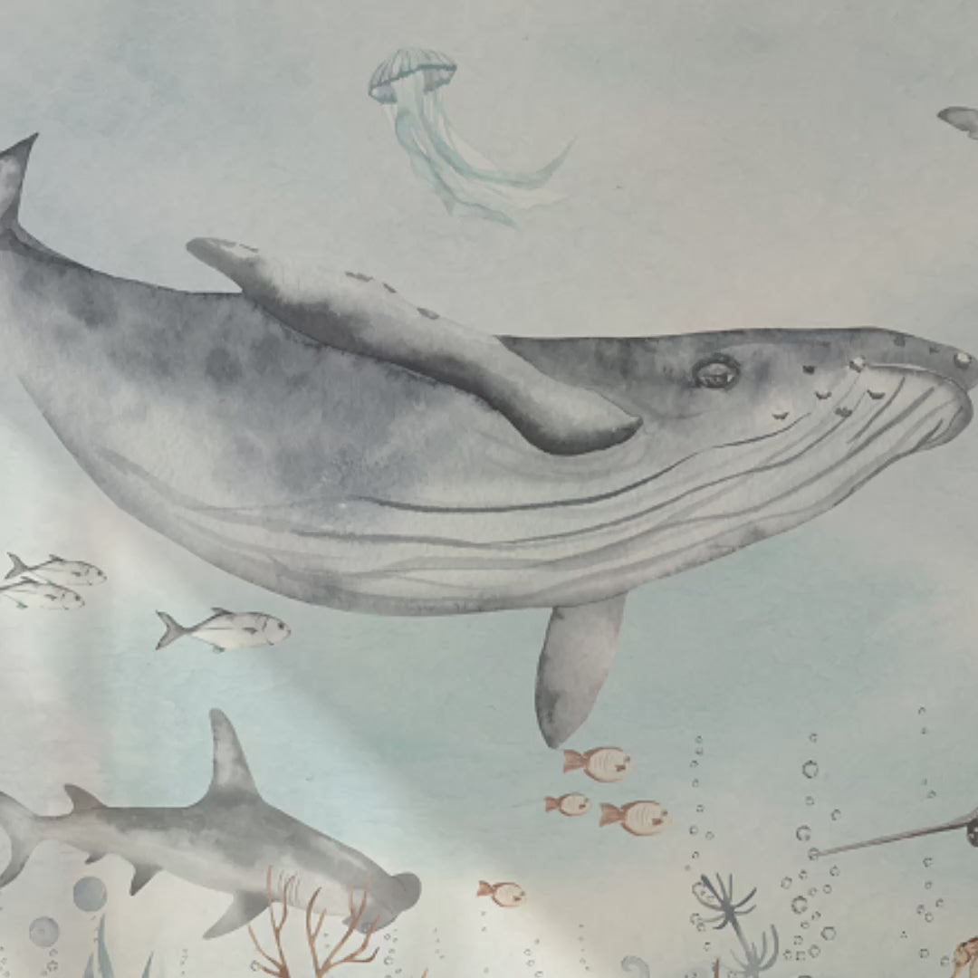 Watercolor Sea World Wall Mural - Whale Ocean Fish Shark Turtle Jellyfish - Kid Peel and Stick Wallpaper - Self Adhesive Nursery Decal BV350