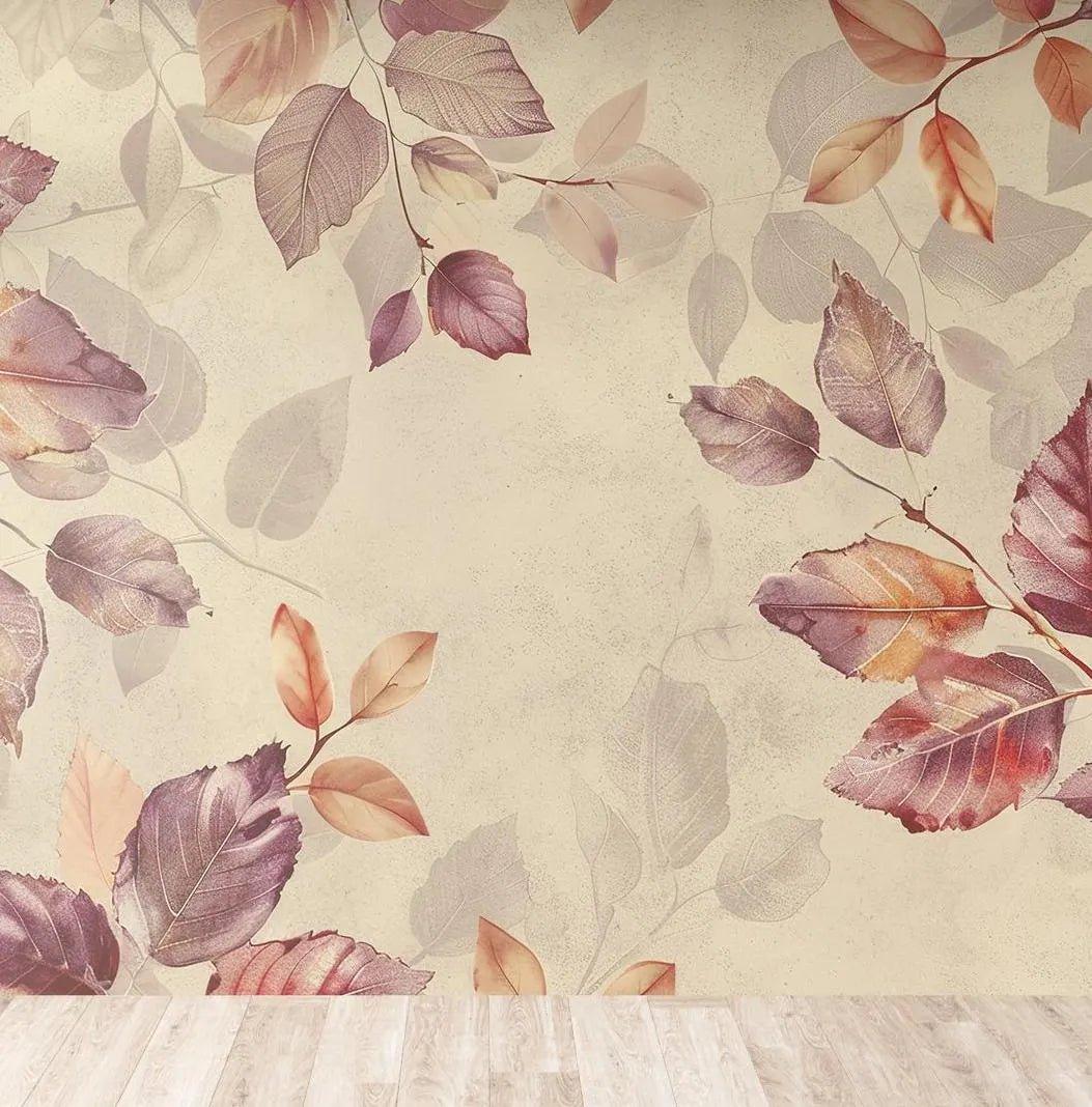 Purple and Orange Foliage Wallpaper - Peel and Stick Wall Mural - Earthy Tones Leaves BV338