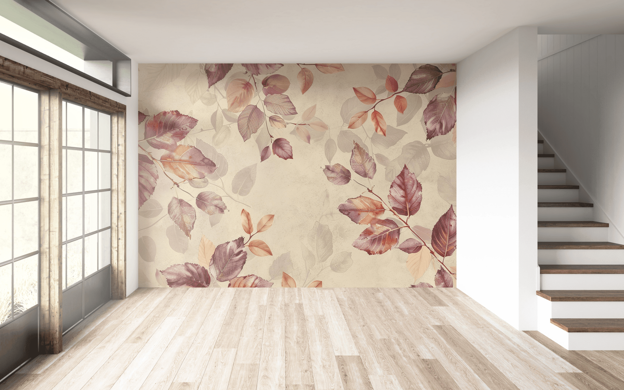 Purple and Orange Foliage Wallpaper - Peel and Stick Wall Mural - Earthy Tones Leaves BV338