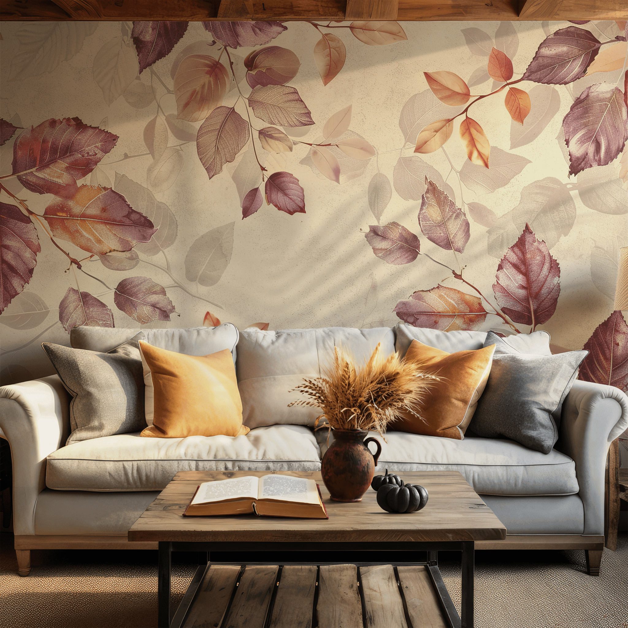 Purple and Orange Foliage Wallpaper - Peel and Stick Wall Mural - Earthy Tones Leaves BV338
