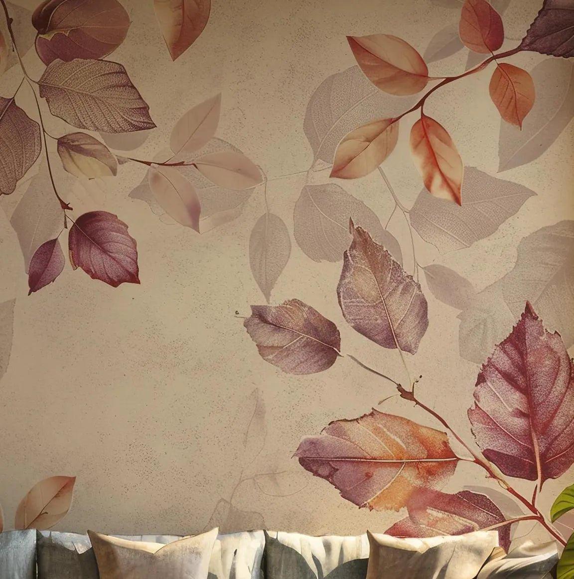 Purple and Orange Foliage Wallpaper - Peel and Stick Wall Mural - Earthy Tones Leaves BV338