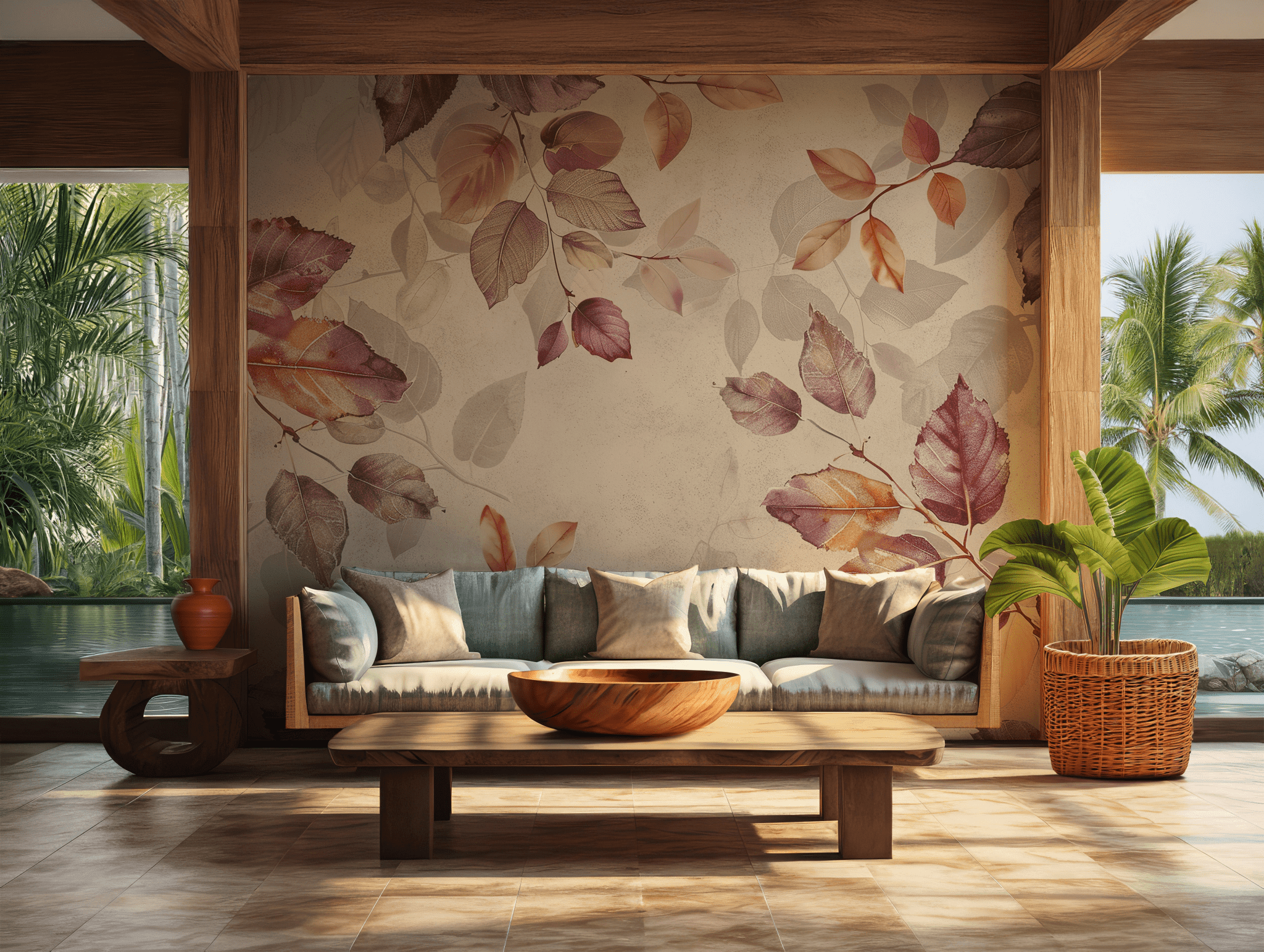 Purple and Orange Foliage Wallpaper - Peel and Stick Wall Mural - Earthy Tones Leaves BV338