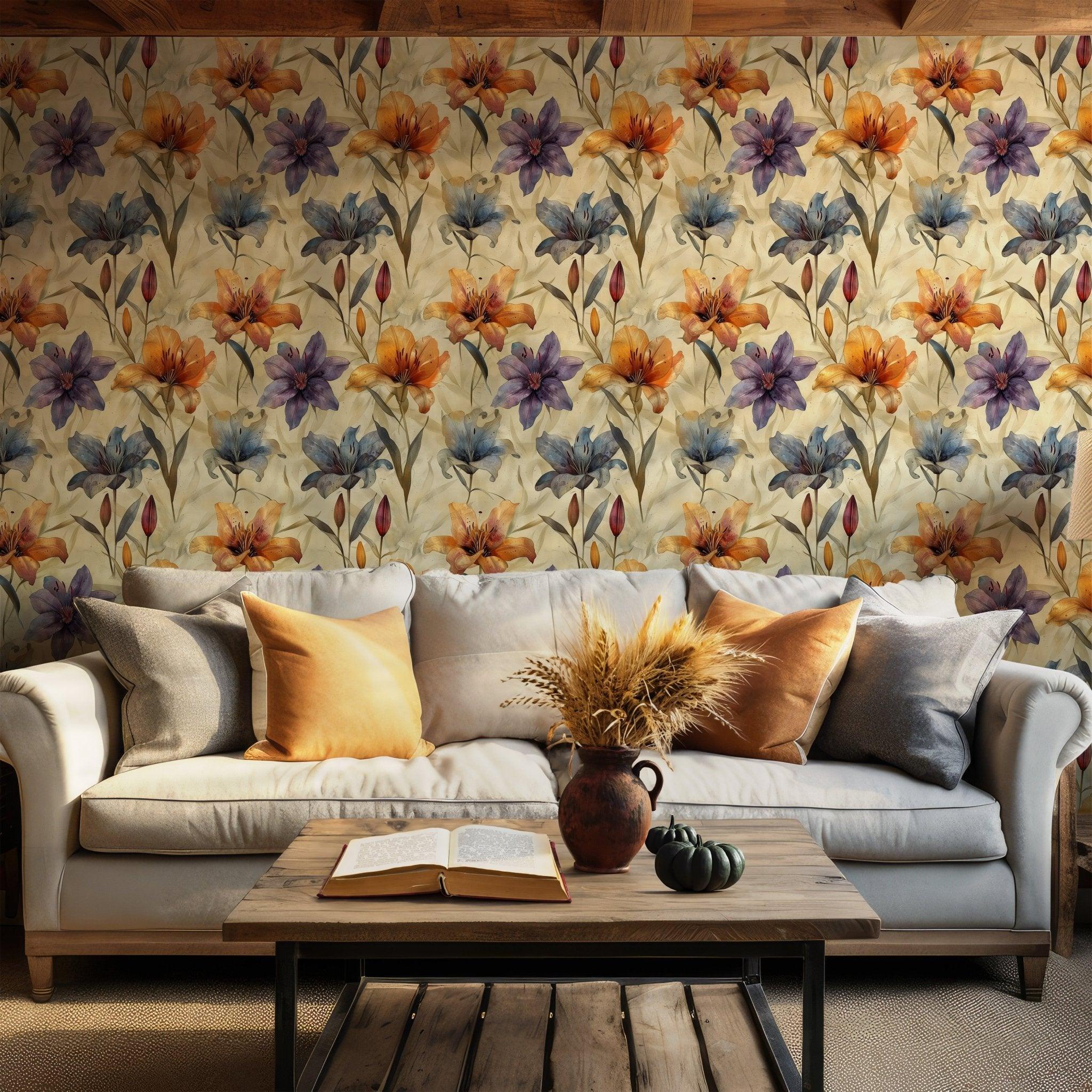 Purple and Orange Lily Wallpaper - Temporary Removable Peel and Stick - Vintage Floral BV100